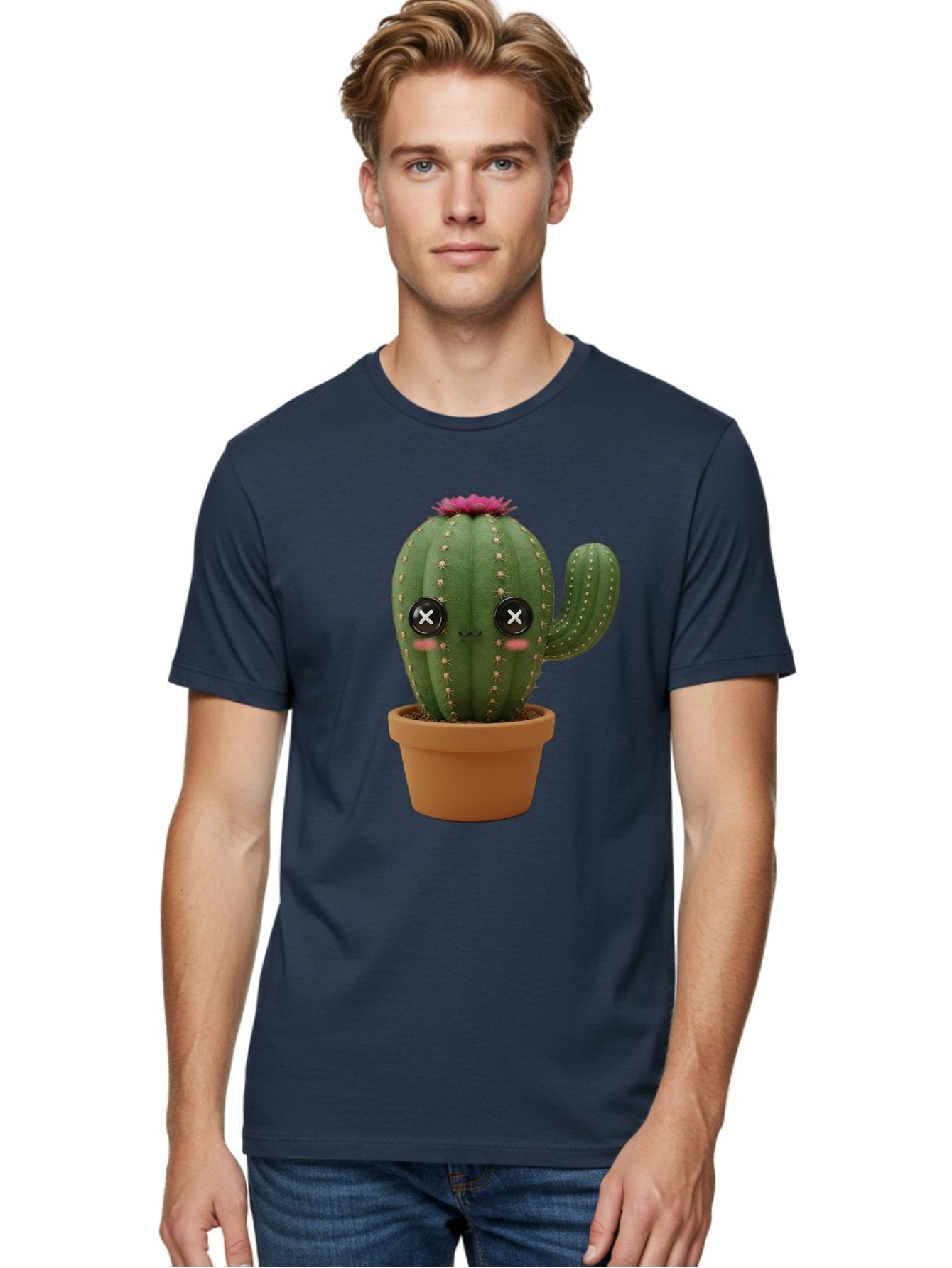 Cactus-2 Men'S Graphic Tee, 100% Cotton, Comfortable Casual Summer Wear, Machine Washable, Cactus In Pot, Plush Toy, Digital Illustration, Cute Character, Prickly Plant, Smiling Face, Pink Flower, Decorative Pot, Soft Texture, Adorable Design, Bac724 28