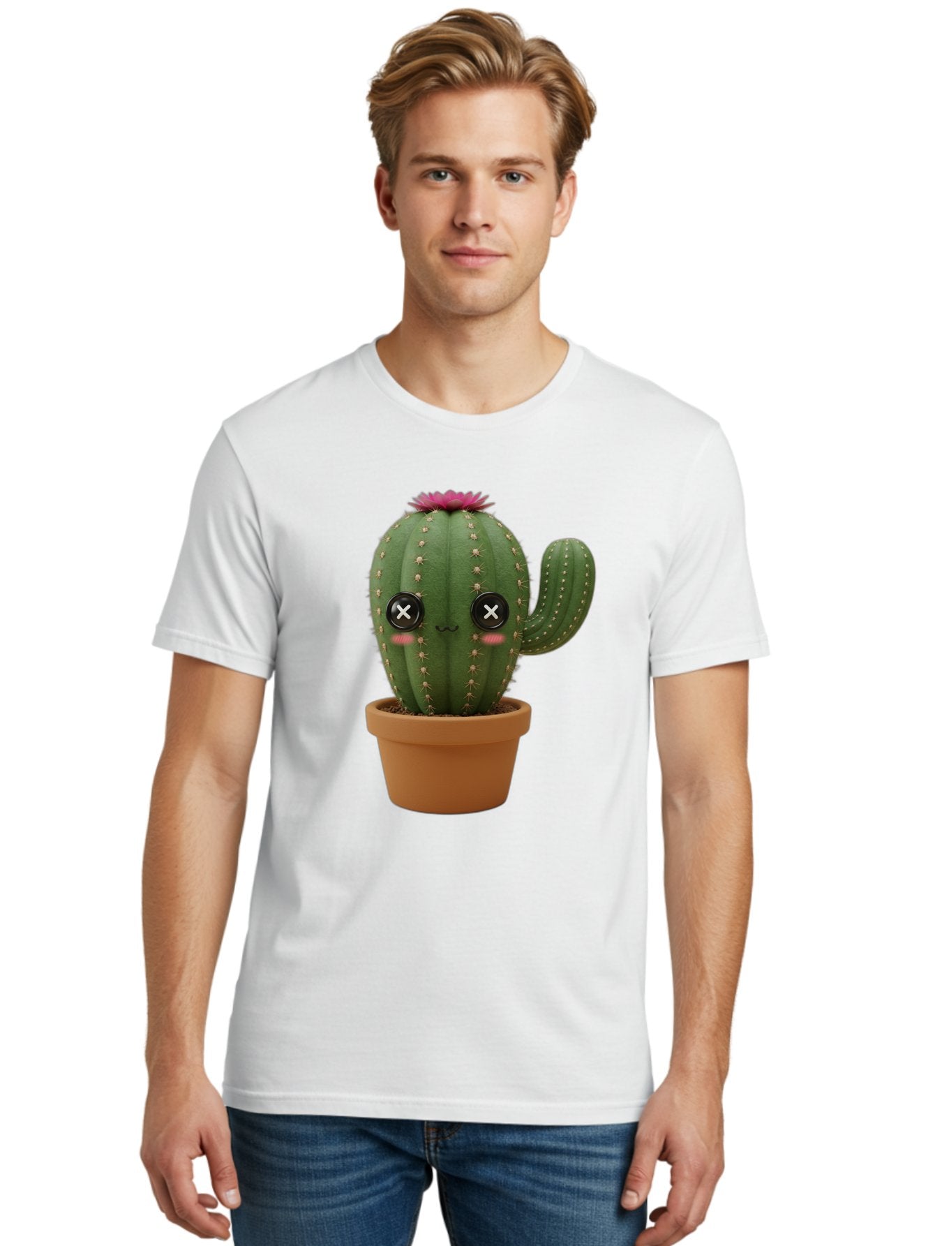 Cactus-2 Men'S Graphic Tee, 100% Cotton, Comfortable Casual Summer Wear, Machine Washable, Cactus In Pot, Plush Toy, Digital Illustration, Cute Character, Prickly Plant, Smiling Face, Pink Flower, Decorative Pot, Soft Texture, Adorable Design, Bac724 16