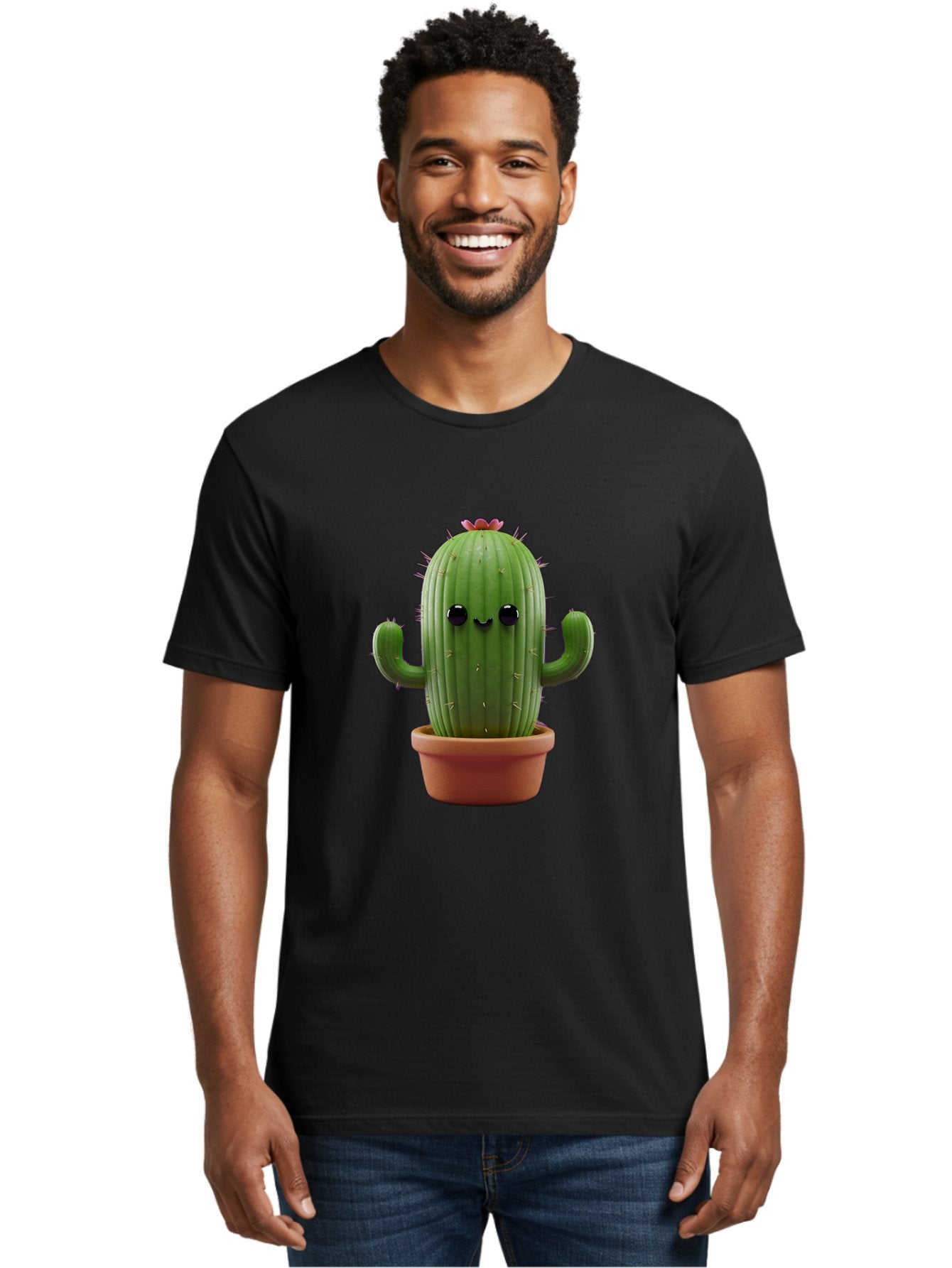 Cactus-4 Men'S Graphic Tee, 100% Cotton, Comfortable Casual Summer Wear, Machine Washable, Cute Cactus, Potted Plant, Cartoon Character, Desert Flora, Funny Face, Small Arms, Spiky Texture, Kawaii Style, Terracotta Pot, Digital Illustration Bac726 30