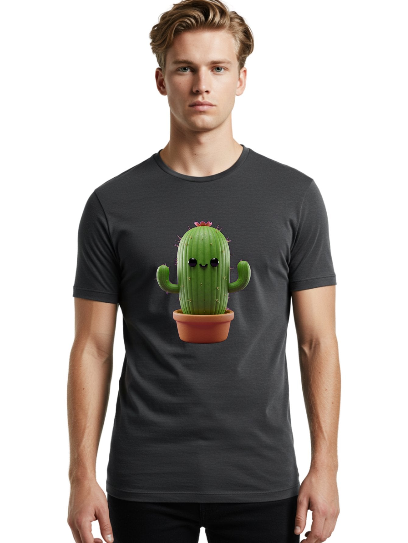 Cactus-4 Men'S Graphic Tee, 100% Cotton, Comfortable Casual Summer Wear, Machine Washable, Cute Cactus, Potted Plant, Cartoon Character, Desert Flora, Funny Face, Small Arms, Spiky Texture, Kawaii Style, Terracotta Pot, Digital Illustration Bac726 28