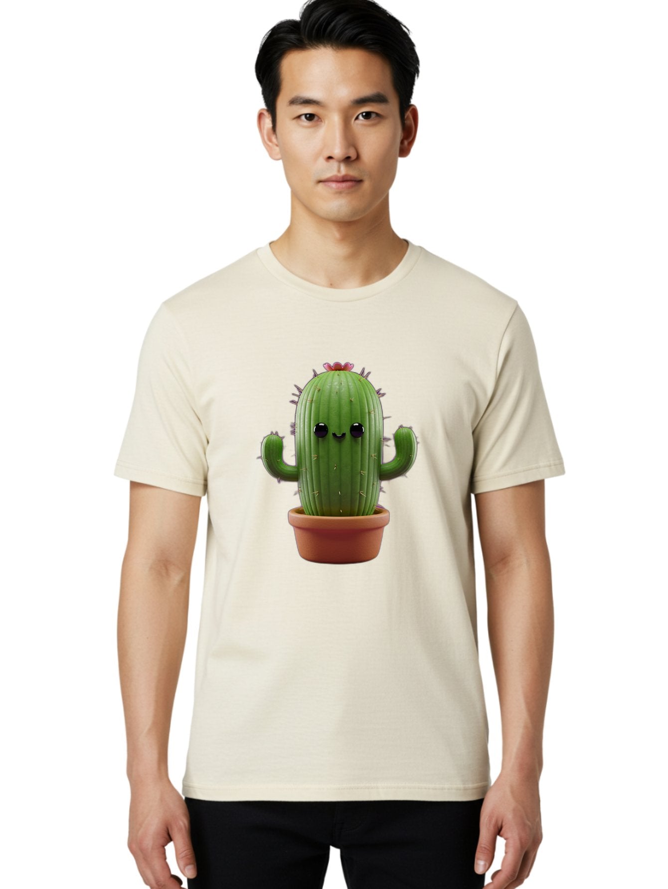 Cactus-4 Men'S Graphic Tee, 100% Cotton, Comfortable Casual Summer Wear, Machine Washable, Cute Cactus, Potted Plant, Cartoon Character, Desert Flora, Funny Face, Small Arms, Spiky Texture, Kawaii Style, Terracotta Pot, Digital Illustration Bac726 29