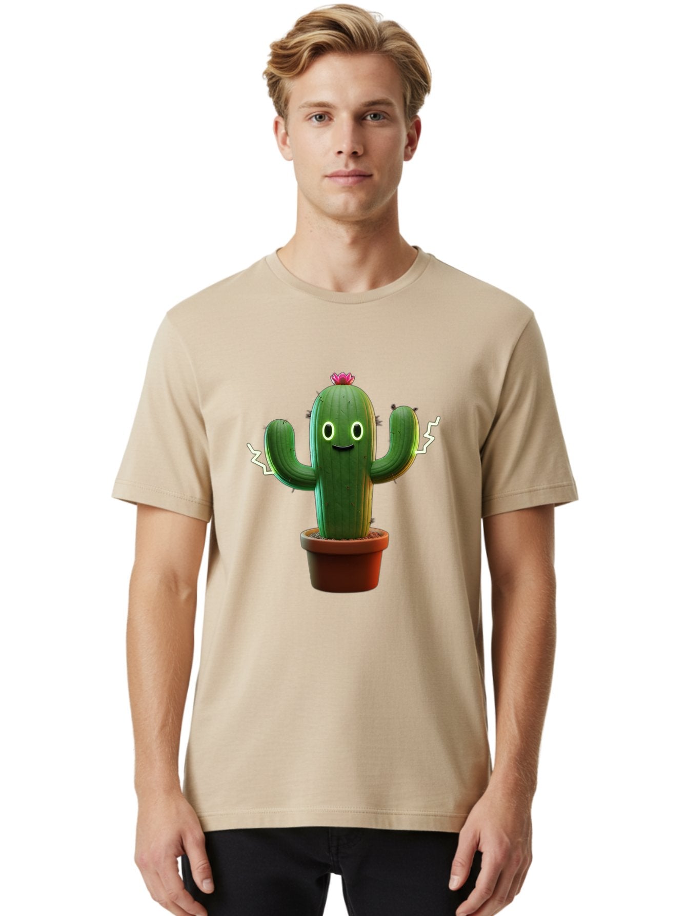 Cactus-6 Men'S Graphic Tee, 100% Cotton, Comfortable Casual Summer Wear, Machine Washable, Cartoon Cactus, Happy Cactus, Cactus Character, Potted Cactus, Desert Plant, Kawaii Cactus, Cactus With Face, Glowing Eyes, Cute Cactus, Funny Cactus Bac728 25