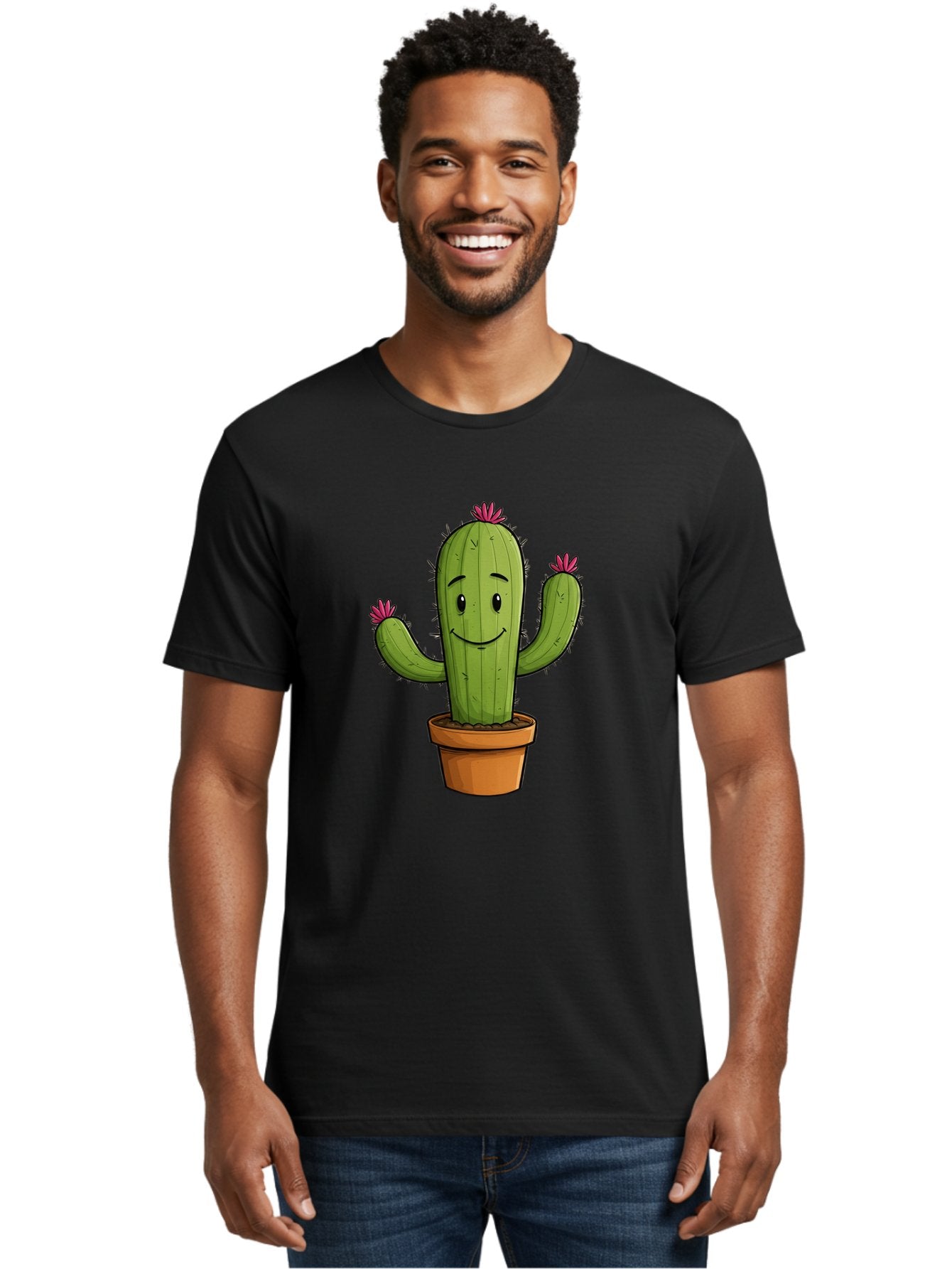 Cactus-8 Men'S Graphic Tee, 100% Cotton, Comfortable Casual Summer Wear, Machine Washable, Cartoon Cactus, Happy Face, Potted Plant, Cacti, Prickly Pear, Succulent, Flowering Cactus, Kawaii, Cute, Smiling Cactus, Pink Flowers, Quirky, Fun, Bac730 24