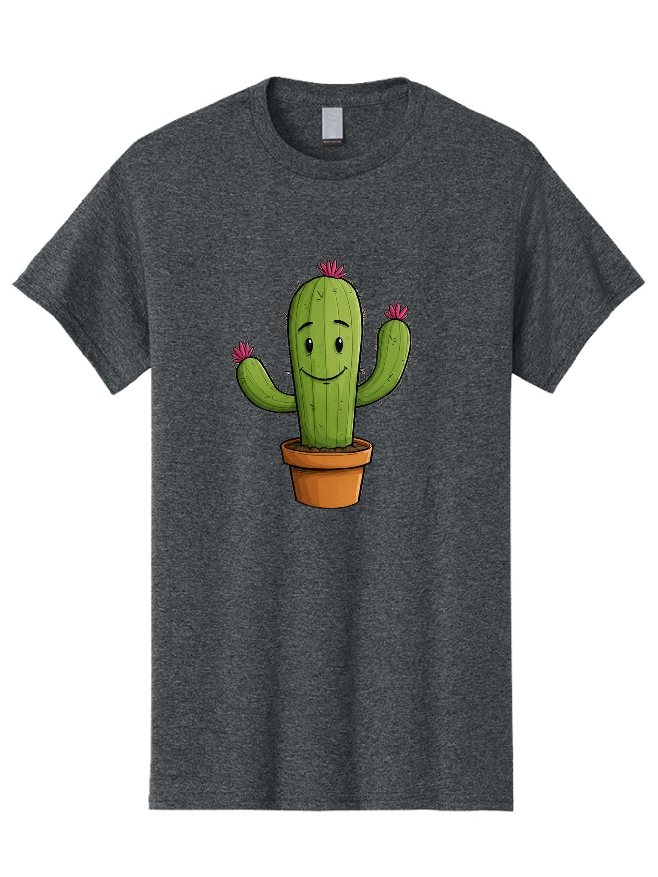 Cactus-8 Men'S Graphic Tee, 100% Cotton, Comfortable Casual Summer Wear, Machine Washable, Cartoon Cactus, Happy Face, Potted Plant, Cacti, Prickly Pear, Succulent, Flowering Cactus, Kawaii, Cute, Smiling Cactus, Pink Flowers, Quirky, Fun, Bac730