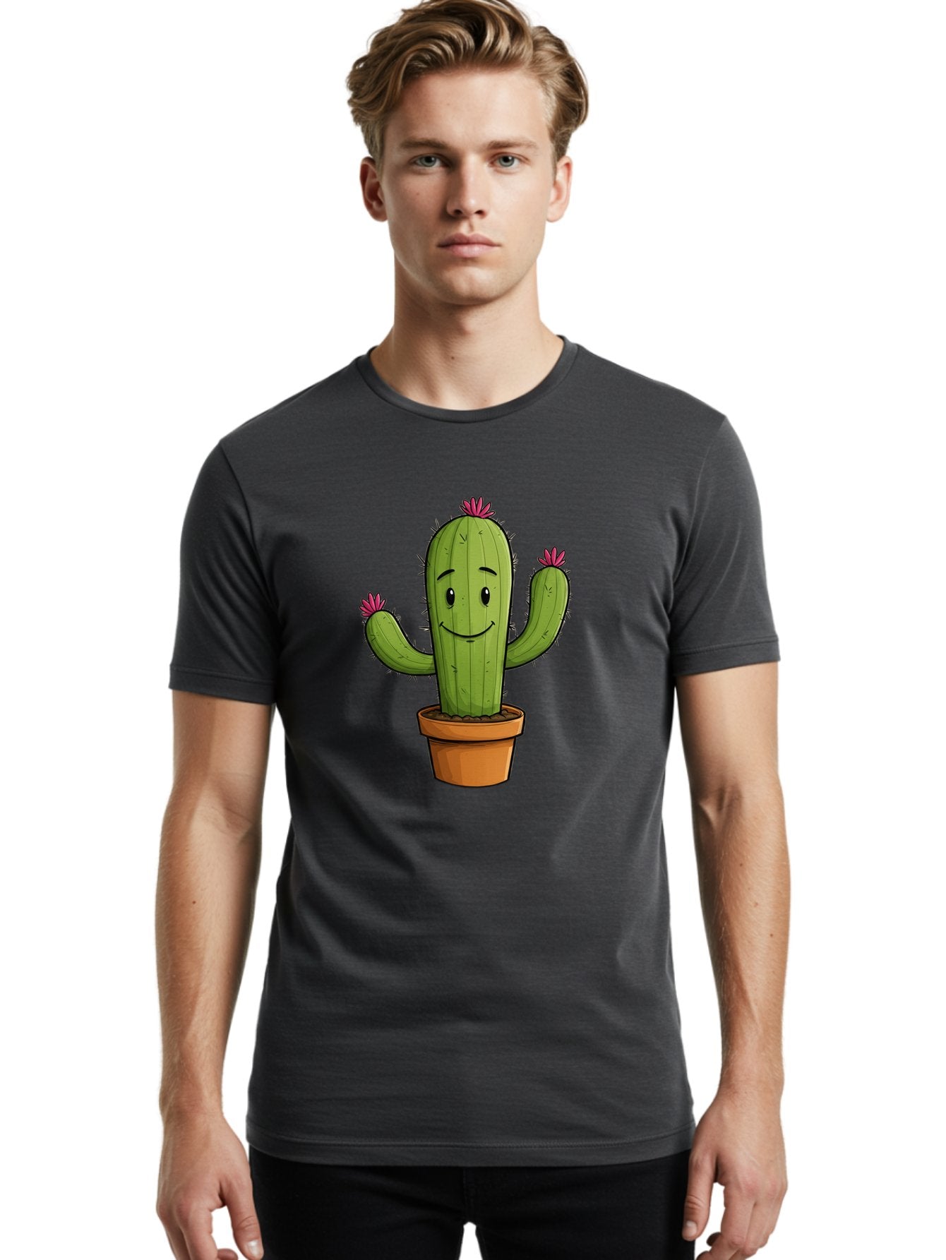 Cactus-8 Men'S Graphic Tee, 100% Cotton, Comfortable Casual Summer Wear, Machine Washable, Cartoon Cactus, Happy Face, Potted Plant, Cacti, Prickly Pear, Succulent, Flowering Cactus, Kawaii, Cute, Smiling Cactus, Pink Flowers, Quirky, Fun, Bac730 19