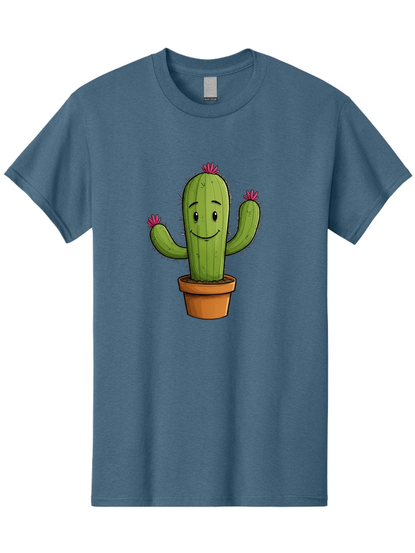 Cactus-8 Men'S Graphic Tee, 100% Cotton, Comfortable Casual Summer Wear, Machine Washable, Cartoon Cactus, Happy Face, Potted Plant, Cacti, Prickly Pear, Succulent, Flowering Cactus, Kawaii, Cute, Smiling Cactus, Pink Flowers, Quirky, Fun, Bac730