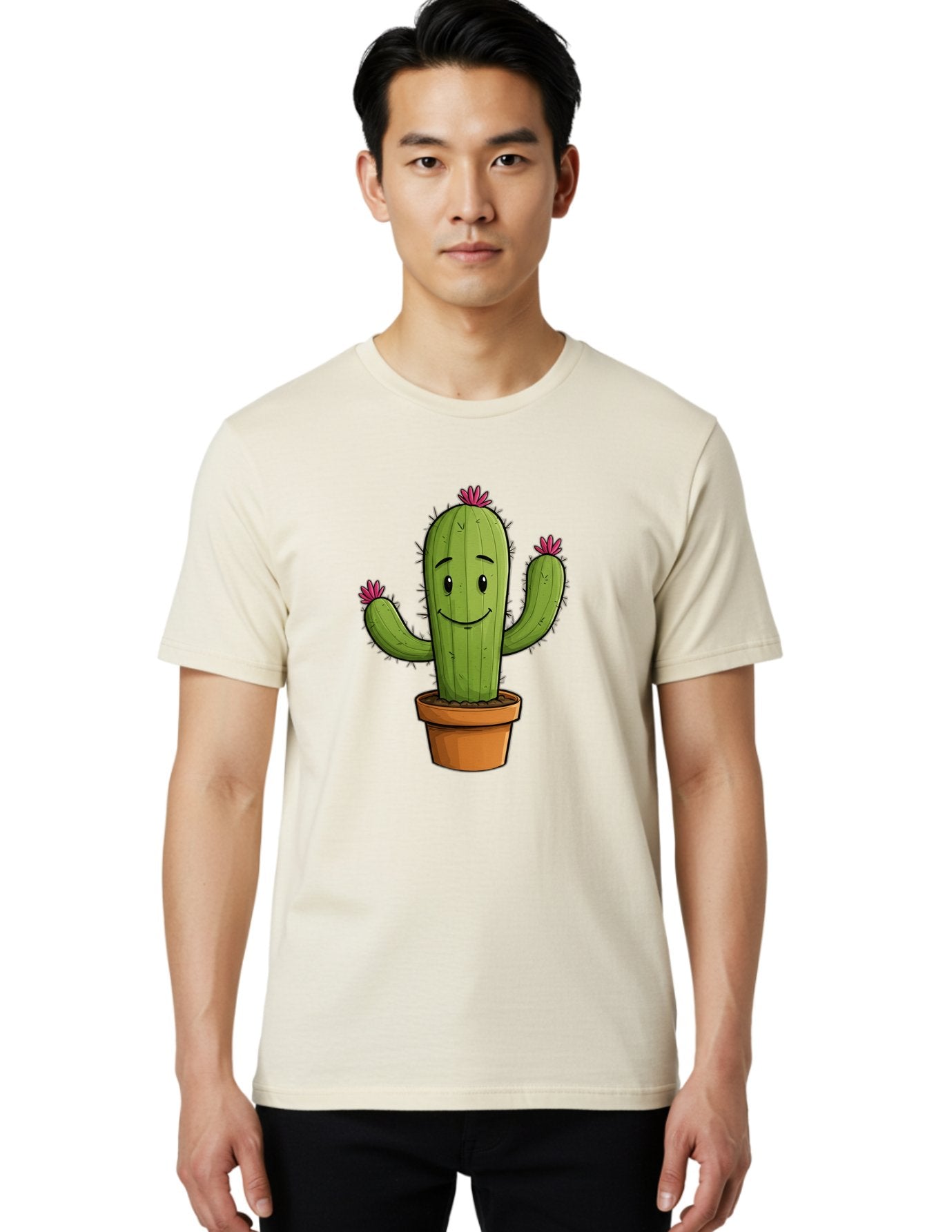 Cactus-8 Men'S Graphic Tee, 100% Cotton, Comfortable Casual Summer Wear, Machine Washable, Cartoon Cactus, Happy Face, Potted Plant, Cacti, Prickly Pear, Succulent, Flowering Cactus, Kawaii, Cute, Smiling Cactus, Pink Flowers, Quirky, Fun, Bac730 29