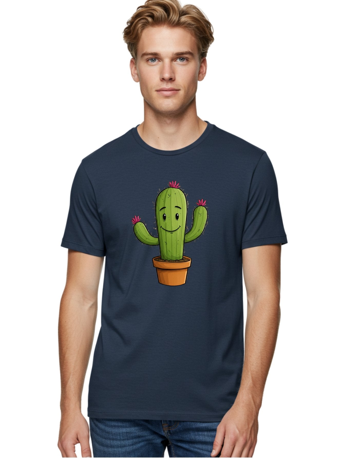Cactus-8 Men'S Graphic Tee, 100% Cotton, Comfortable Casual Summer Wear, Machine Washable, Cartoon Cactus, Happy Face, Potted Plant, Cacti, Prickly Pear, Succulent, Flowering Cactus, Kawaii, Cute, Smiling Cactus, Pink Flowers, Quirky, Fun, Bac730 30