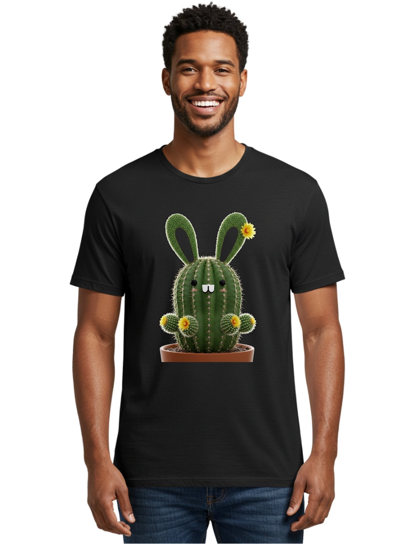 Cactus-Bunny Men'S Graphic Tee, 100% Cotton, Comfortable Casual Summer Wear, Machine Washable, Cartoon Cactus With Bunny Ears, Cute Cactus Character, Potted Cactus Plant, Funny Cactus Design, Blooming Cactus Flowers, Desert Flora, Bac731 21