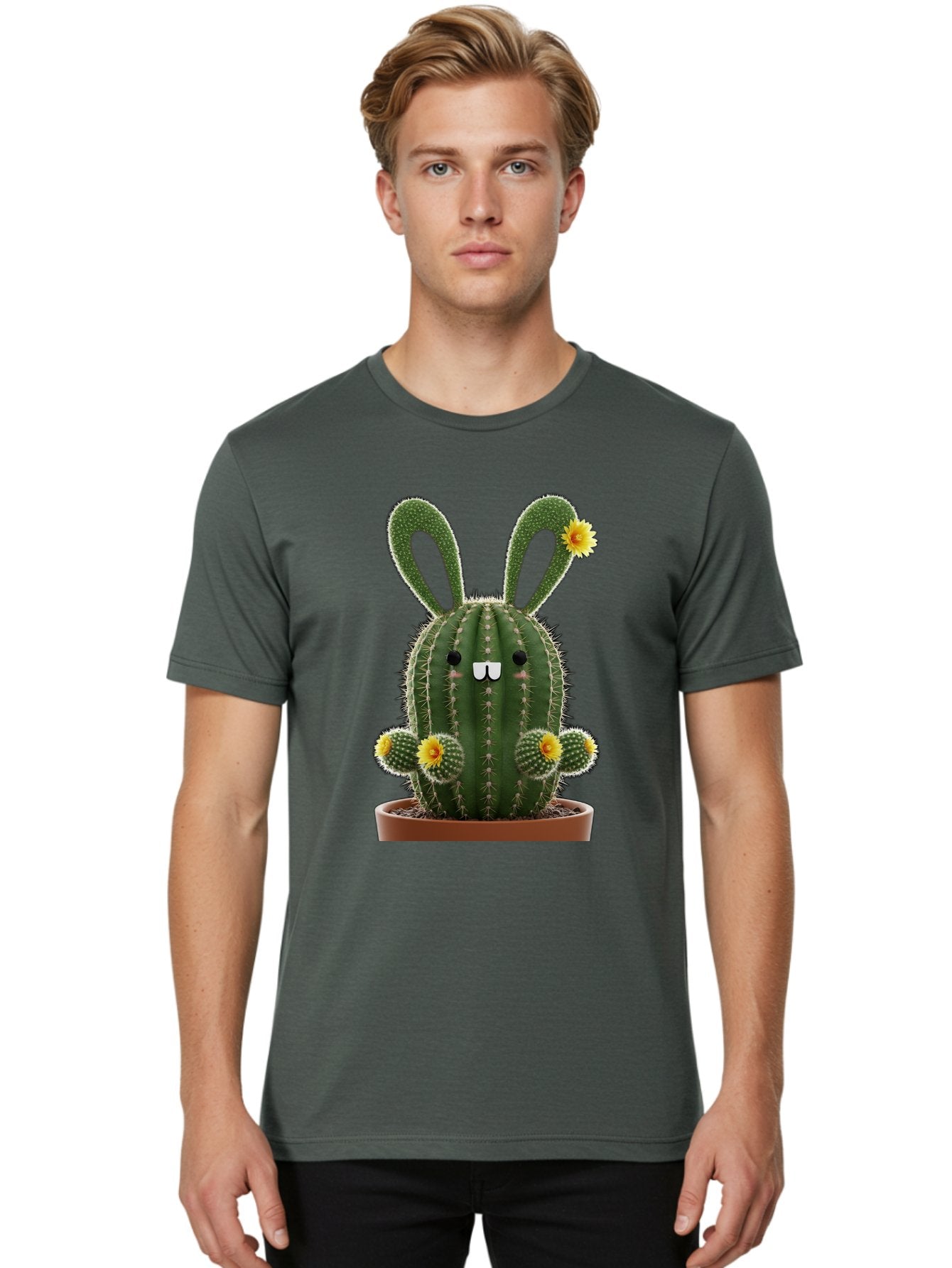 Cactus-Bunny Men'S Graphic Tee, 100% Cotton, Comfortable Casual Summer Wear, Machine Washable, Cartoon Cactus With Bunny Ears, Cute Cactus Character, Potted Cactus Plant, Funny Cactus Design, Blooming Cactus Flowers, Desert Flora, Bac731 17