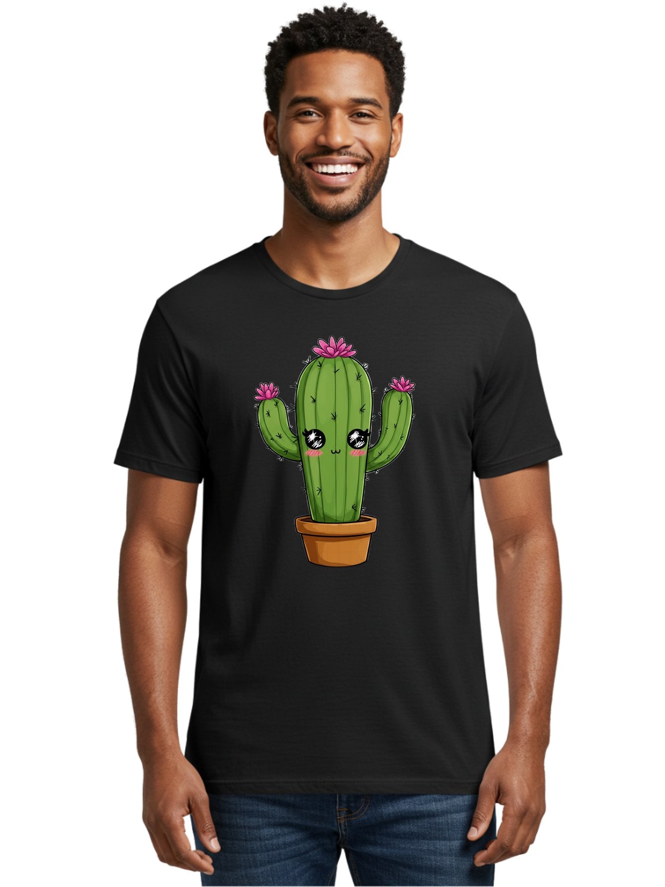 Cactus-Cartoon Men'S Graphic Tee, 100% Cotton, Comfortable Casual Summer Wear, Machine Washable, Cartoon Cactus, Pink Flowers, Terracotta Pot, Kawaii Style, Cute Desert Plant, Floral Cactus, Adorable Character Design, Succulent Illustration Bac732 17