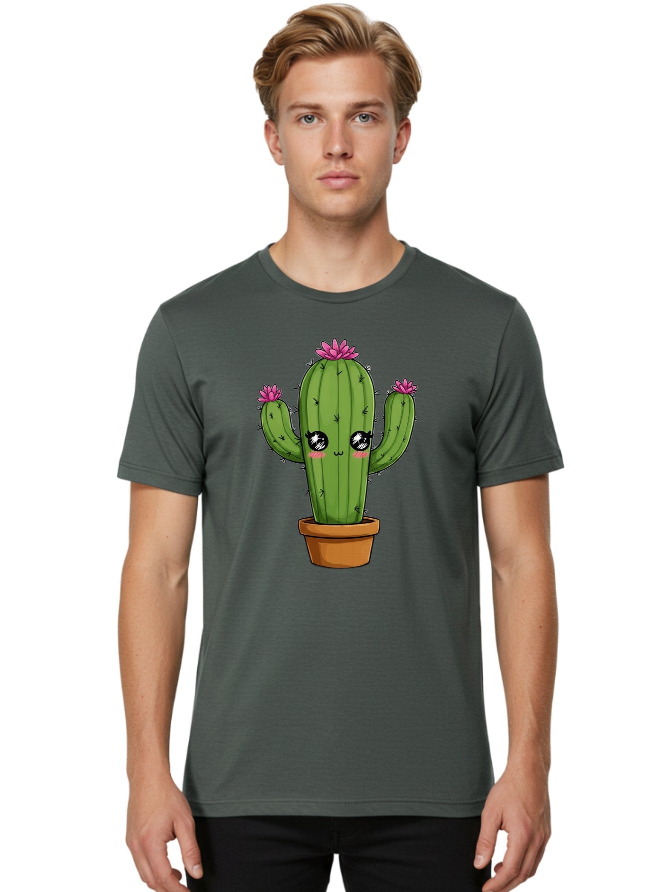 Cactus-Cartoon Men'S Graphic Tee, 100% Cotton, Comfortable Casual Summer Wear, Machine Washable, Cartoon Cactus, Pink Flowers, Terracotta Pot, Kawaii Style, Cute Desert Plant, Floral Cactus, Adorable Character Design, Succulent Illustration Bac732 21