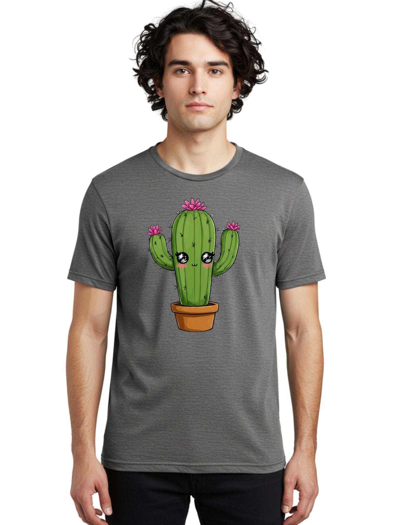 Cactus-Cartoon Men'S Graphic Tee, 100% Cotton, Comfortable Casual Summer Wear, Machine Washable, Cartoon Cactus, Pink Flowers, Terracotta Pot, Kawaii Style, Cute Desert Plant, Floral Cactus, Adorable Character Design, Succulent Illustration Bac732 22