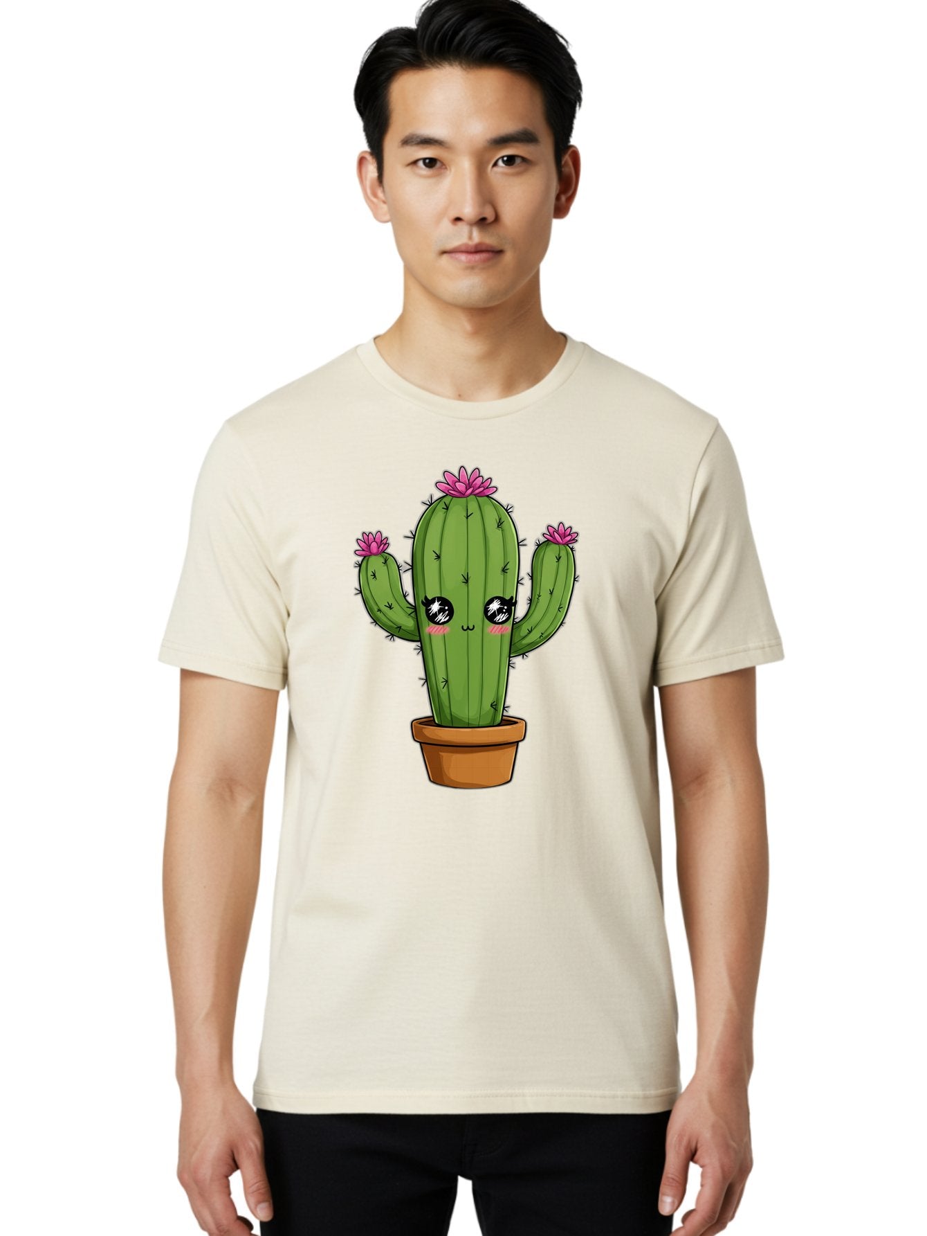 Cactus-Cartoon Men'S Graphic Tee, 100% Cotton, Comfortable Casual Summer Wear, Machine Washable, Cartoon Cactus, Pink Flowers, Terracotta Pot, Kawaii Style, Cute Desert Plant, Floral Cactus, Adorable Character Design, Succulent Illustration Bac732 29