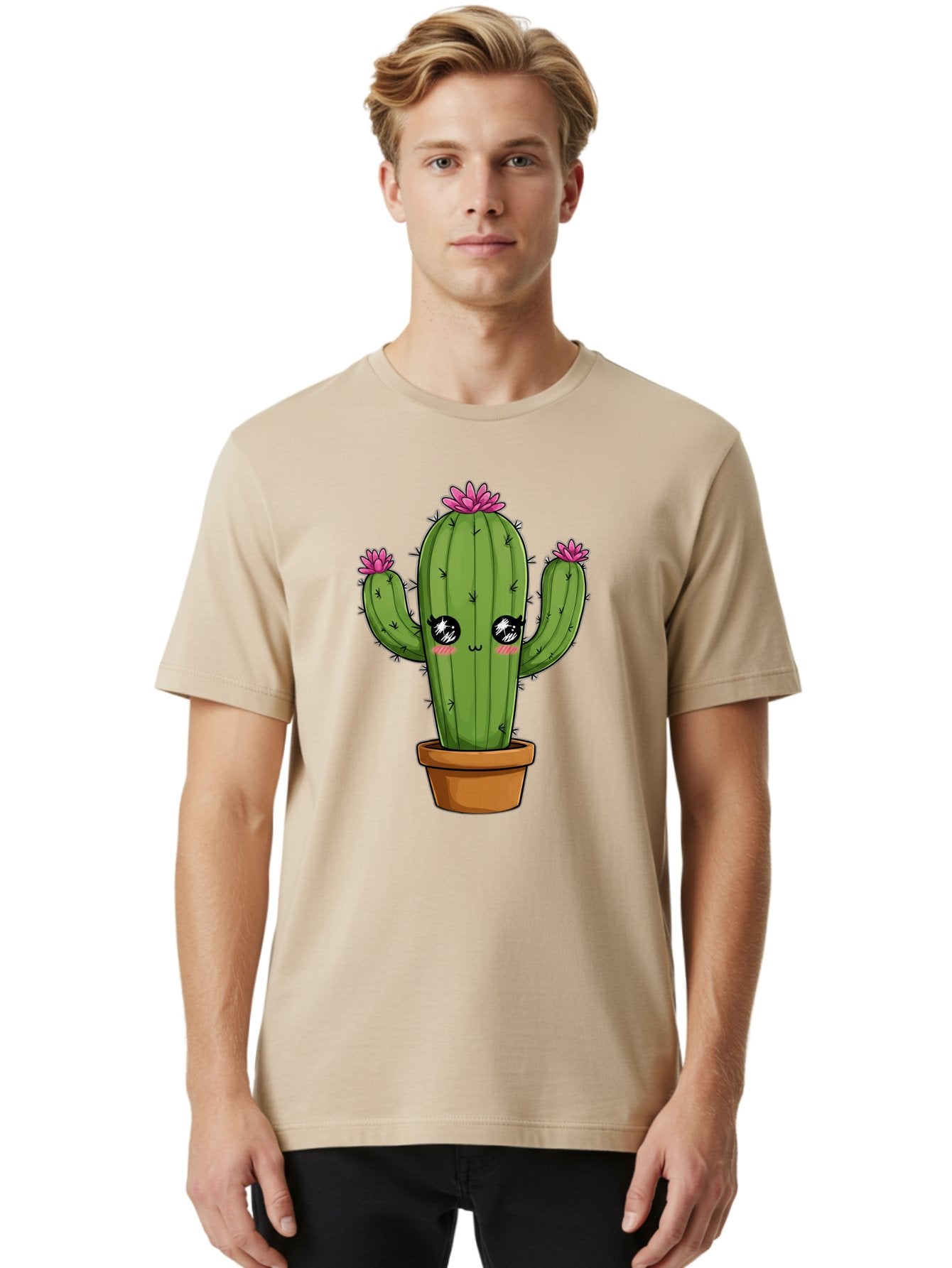Cactus-Cartoon Men'S Graphic Tee, 100% Cotton, Comfortable Casual Summer Wear, Machine Washable, Cartoon Cactus, Pink Flowers, Terracotta Pot, Kawaii Style, Cute Desert Plant, Floral Cactus, Adorable Character Design, Succulent Illustration Bac732 23