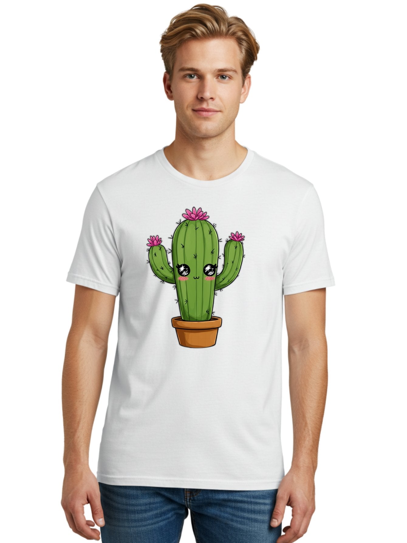 Cactus-Cartoon Men'S Graphic Tee, 100% Cotton, Comfortable Casual Summer Wear, Machine Washable, Cartoon Cactus, Pink Flowers, Terracotta Pot, Kawaii Style, Cute Desert Plant, Floral Cactus, Adorable Character Design, Succulent Illustration Bac732 25