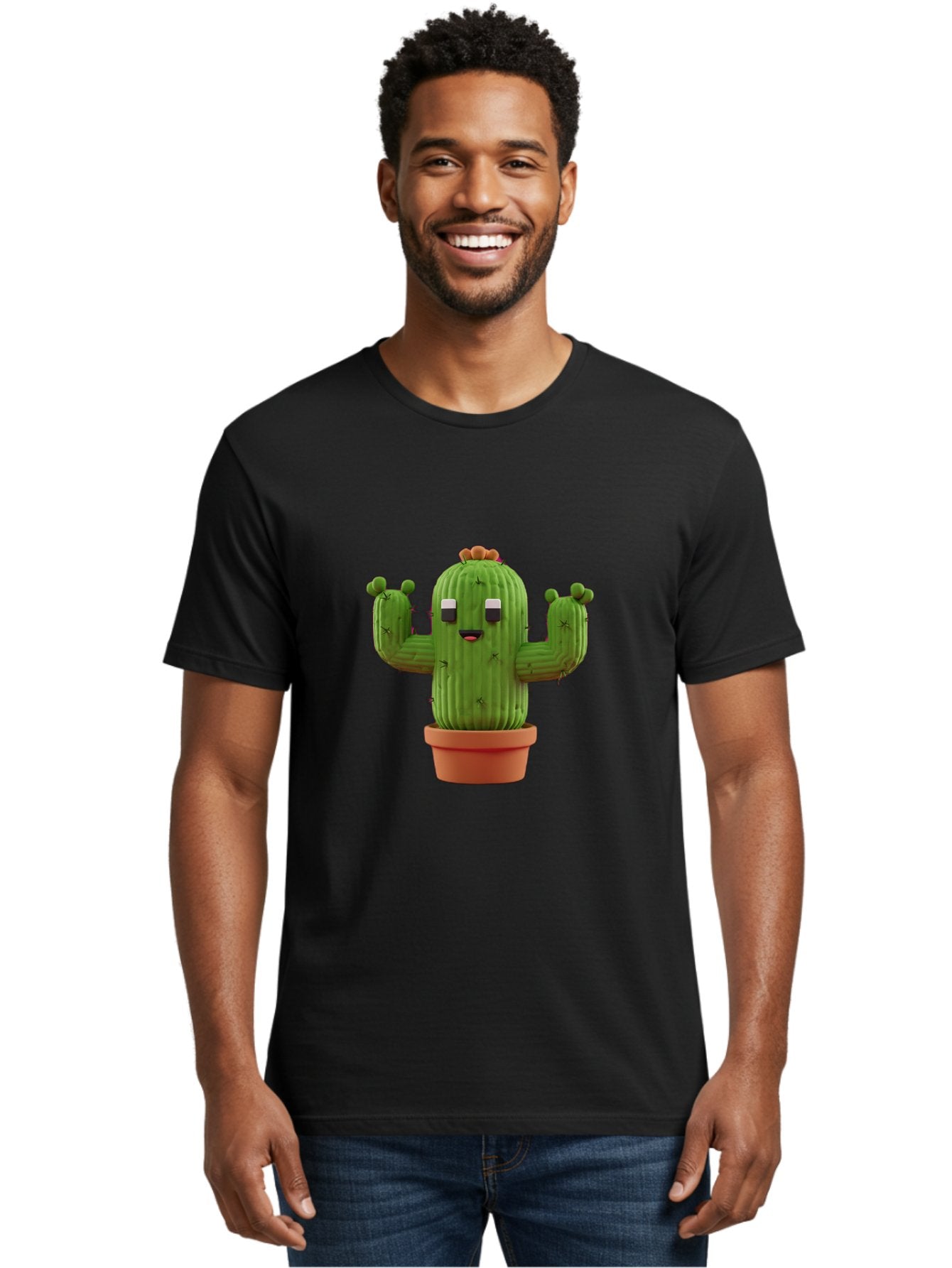 Cactus-Character-1 Men'S Graphic Tee, 100% Cotton, Comfortable Casual Summer Wear, Machine Washable, Cartoon Cactus, Potted Plant, Green Succulent, Anthropomorphic Character, Funny Face, 3D Illustration, Cute Design, Quirky Character, Bac733 25