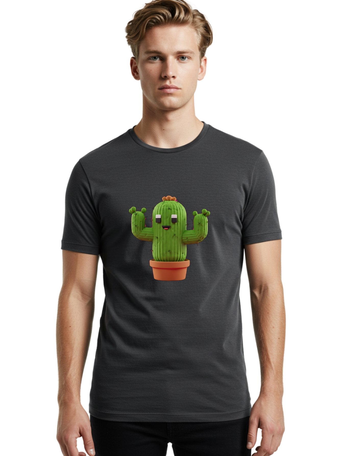 Cactus-Character-1 Men'S Graphic Tee, 100% Cotton, Comfortable Casual Summer Wear, Machine Washable, Cartoon Cactus, Potted Plant, Green Succulent, Anthropomorphic Character, Funny Face, 3D Illustration, Cute Design, Quirky Character, Bac733 30