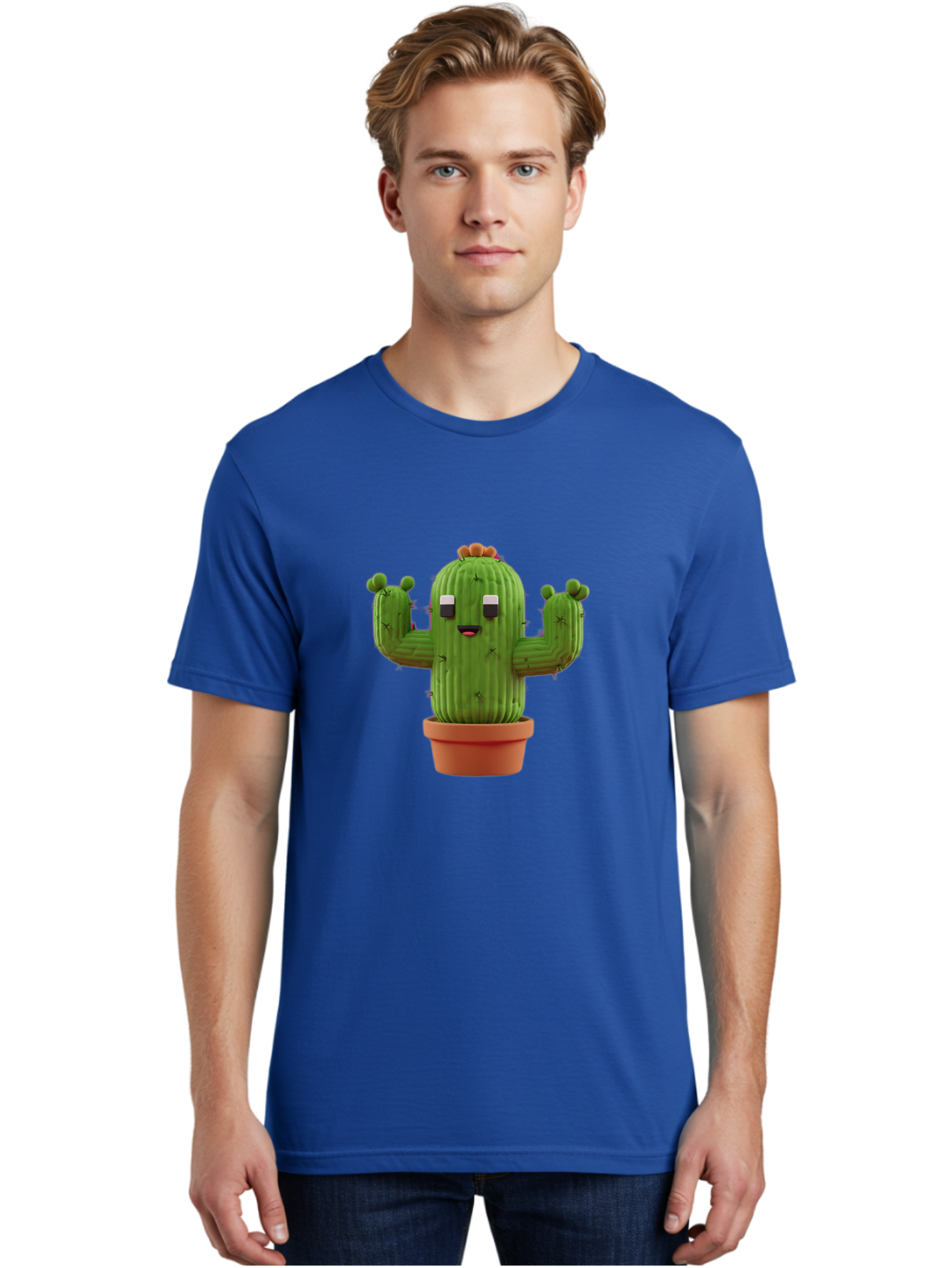 Cactus-Character-1 Men'S Graphic Tee, 100% Cotton, Comfortable Casual Summer Wear, Machine Washable, Cartoon Cactus, Potted Plant, Green Succulent, Anthropomorphic Character, Funny Face, 3D Illustration, Cute Design, Quirky Character, Bac733 20