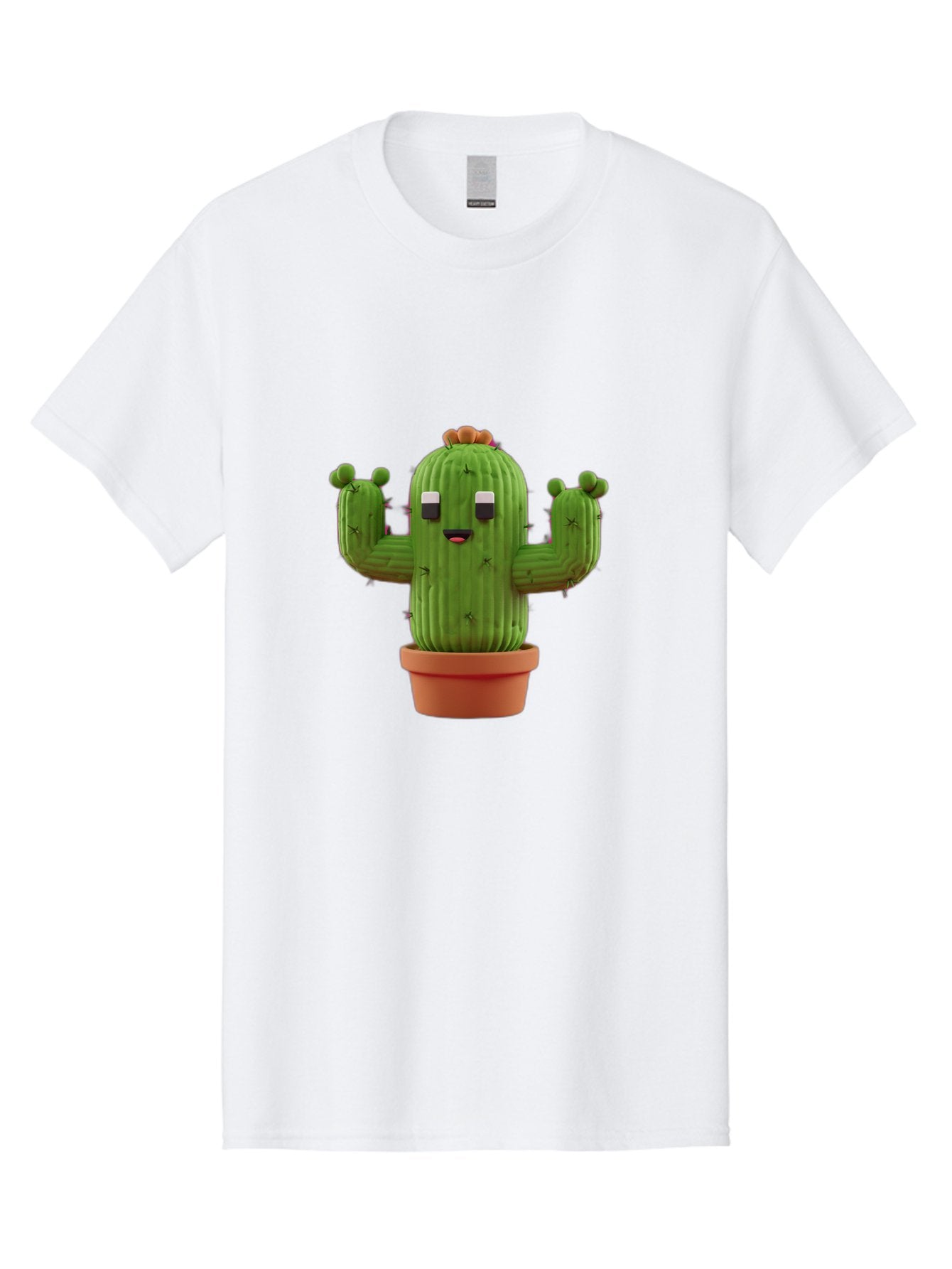 Cactus-Character-1 Men'S Graphic Tee, 100% Cotton, Comfortable Casual Summer Wear, Machine Washable, Cartoon Cactus, Potted Plant, Green Succulent, Anthropomorphic Character, Funny Face, 3D Illustration, Cute Design, Quirky Character, Bac733