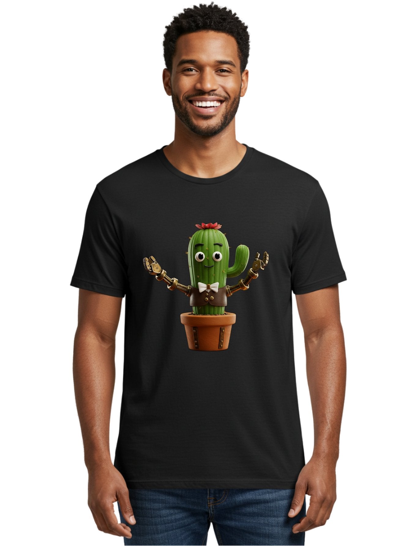 Cactus-Character-2 Men'S Graphic Tee, 100% Cotton, Comfortable Casual Summer Wear, Machine Washable, Cartoon Cactus, Robotic Arms, Potted Plant, Funny Character, Cute Design, Animated Character, Cactus In Pot, Robot Cactus, Comedic Relief, Bac734 21