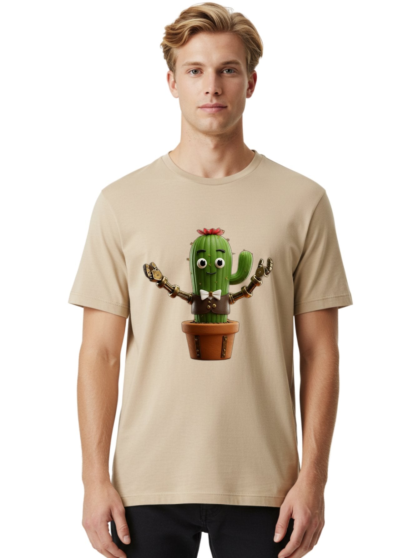 Cactus-Character-2 Men'S Graphic Tee, 100% Cotton, Comfortable Casual Summer Wear, Machine Washable, Cartoon Cactus, Robotic Arms, Potted Plant, Funny Character, Cute Design, Animated Character, Cactus In Pot, Robot Cactus, Comedic Relief, Bac734 19