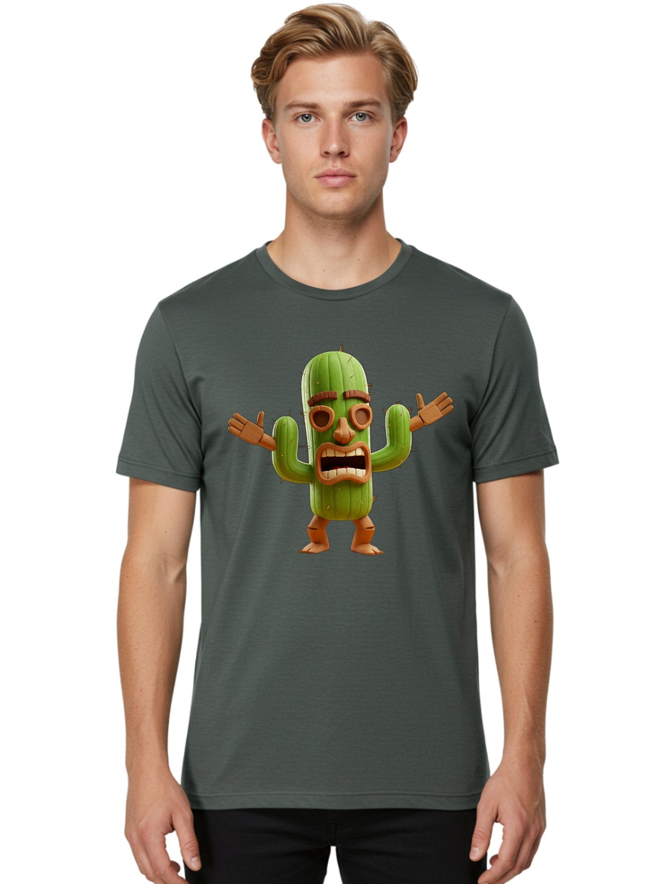 Cactus-Character-3 Men'S Graphic Tee, 100% Cotton, Comfortable Casual Summer Wear, Machine Washable, Cartoon Cactus, Character Design, Anthropomorphic Cactus, 3D Rendering, Cute Desert Plant, Comical Expression, Thumbs Up Gesture, Bac735 29