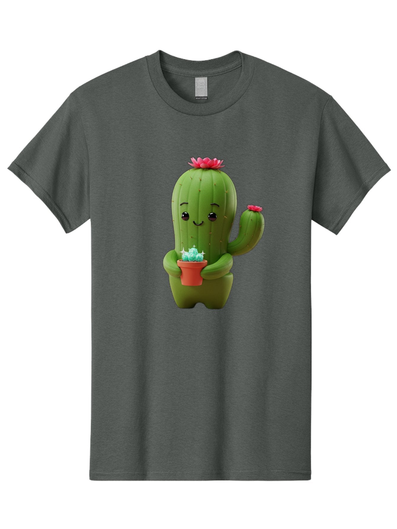 Cactus-Character Men'S Graphic Tee, 100% Cotton, Comfortable Casual Summer Wear, Machine Washable, Cartoon Cactus, Smiling Face, Holding Potted Plant, Cute Character, Green Cactus, Pink Flowers, Quirky Illustration, Fun Design, Playful Art Bac736 15