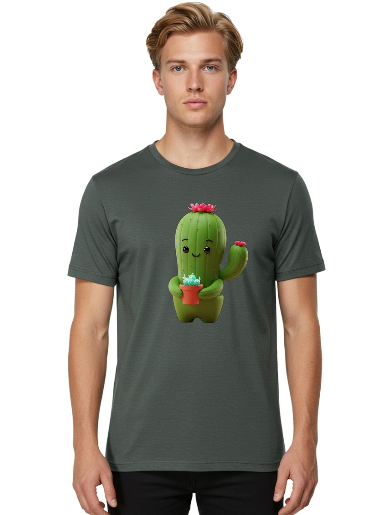 Cactus-Character Men'S Graphic Tee, 100% Cotton, Comfortable Casual Summer Wear, Machine Washable, Cartoon Cactus, Smiling Face, Holding Potted Plant, Cute Character, Green Cactus, Pink Flowers, Quirky Illustration, Fun Design, Playful Art Bac736 30