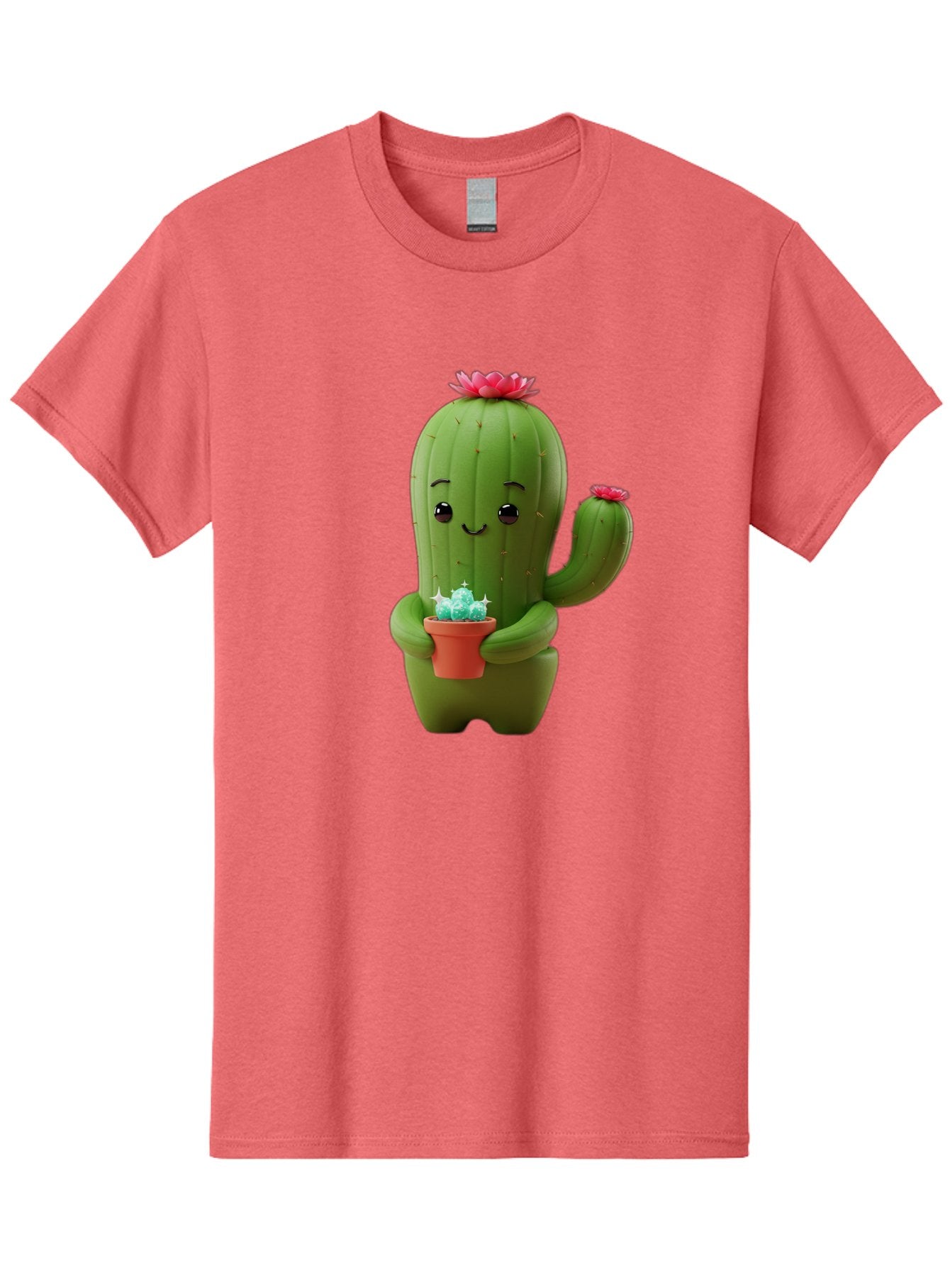 Cactus-Character Men'S Graphic Tee, 100% Cotton, Comfortable Casual Summer Wear, Machine Washable, Cartoon Cactus, Smiling Face, Holding Potted Plant, Cute Character, Green Cactus, Pink Flowers, Quirky Illustration, Fun Design, Playful Art Bac736 7