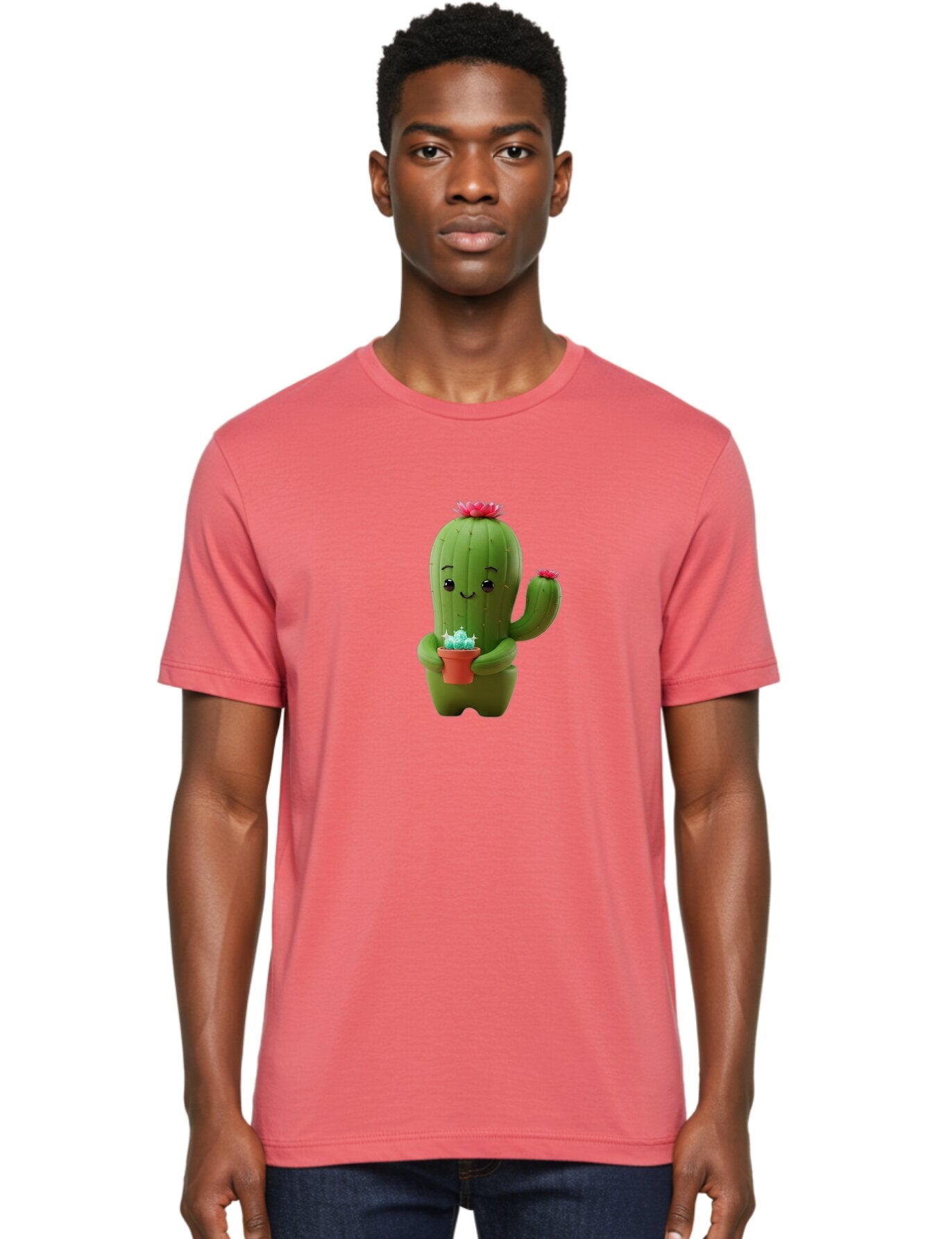 Cactus-Character Men'S Graphic Tee, 100% Cotton, Comfortable Casual Summer Wear, Machine Washable, Cartoon Cactus, Smiling Face, Holding Potted Plant, Cute Character, Green Cactus, Pink Flowers, Quirky Illustration, Fun Design, Playful Art Bac736 16