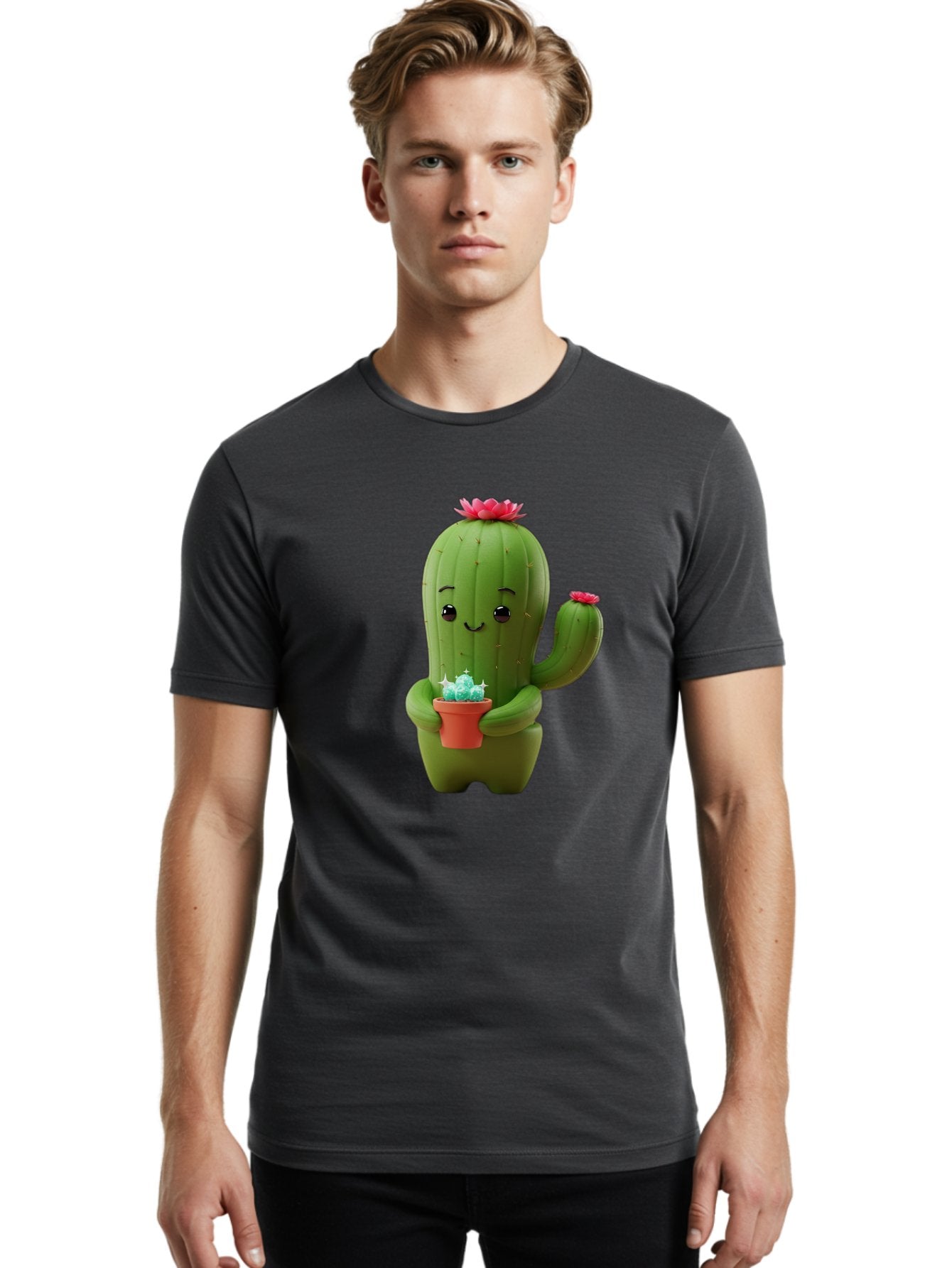 Cactus-Character Men'S Graphic Tee, 100% Cotton, Comfortable Casual Summer Wear, Machine Washable, Cartoon Cactus, Smiling Face, Holding Potted Plant, Cute Character, Green Cactus, Pink Flowers, Quirky Illustration, Fun Design, Playful Art Bac736 29