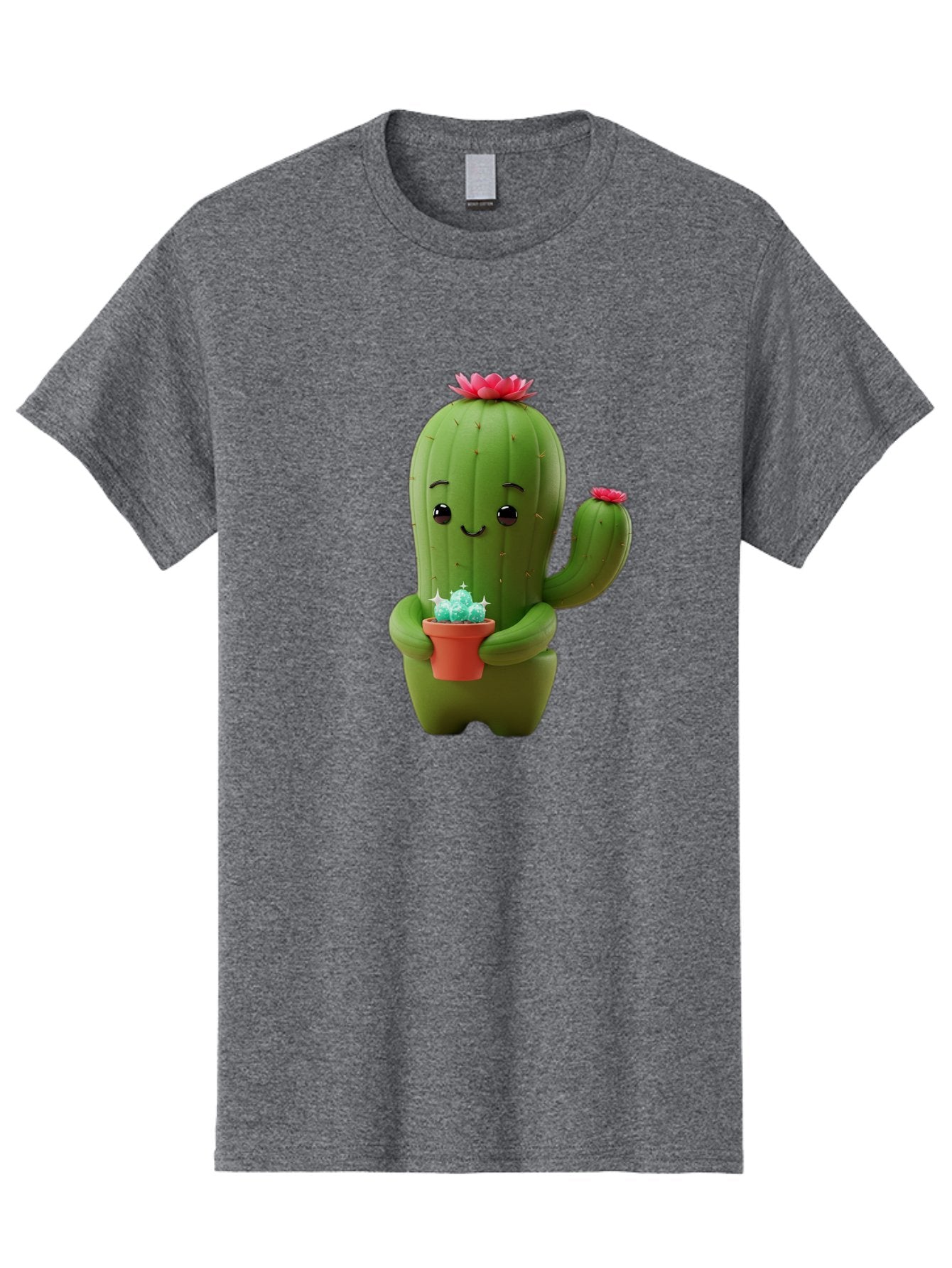 Cactus-Character Men'S Graphic Tee, 100% Cotton, Comfortable Casual Summer Wear, Machine Washable, Cartoon Cactus, Smiling Face, Holding Potted Plant, Cute Character, Green Cactus, Pink Flowers, Quirky Illustration, Fun Design, Playful Art Bac736 4