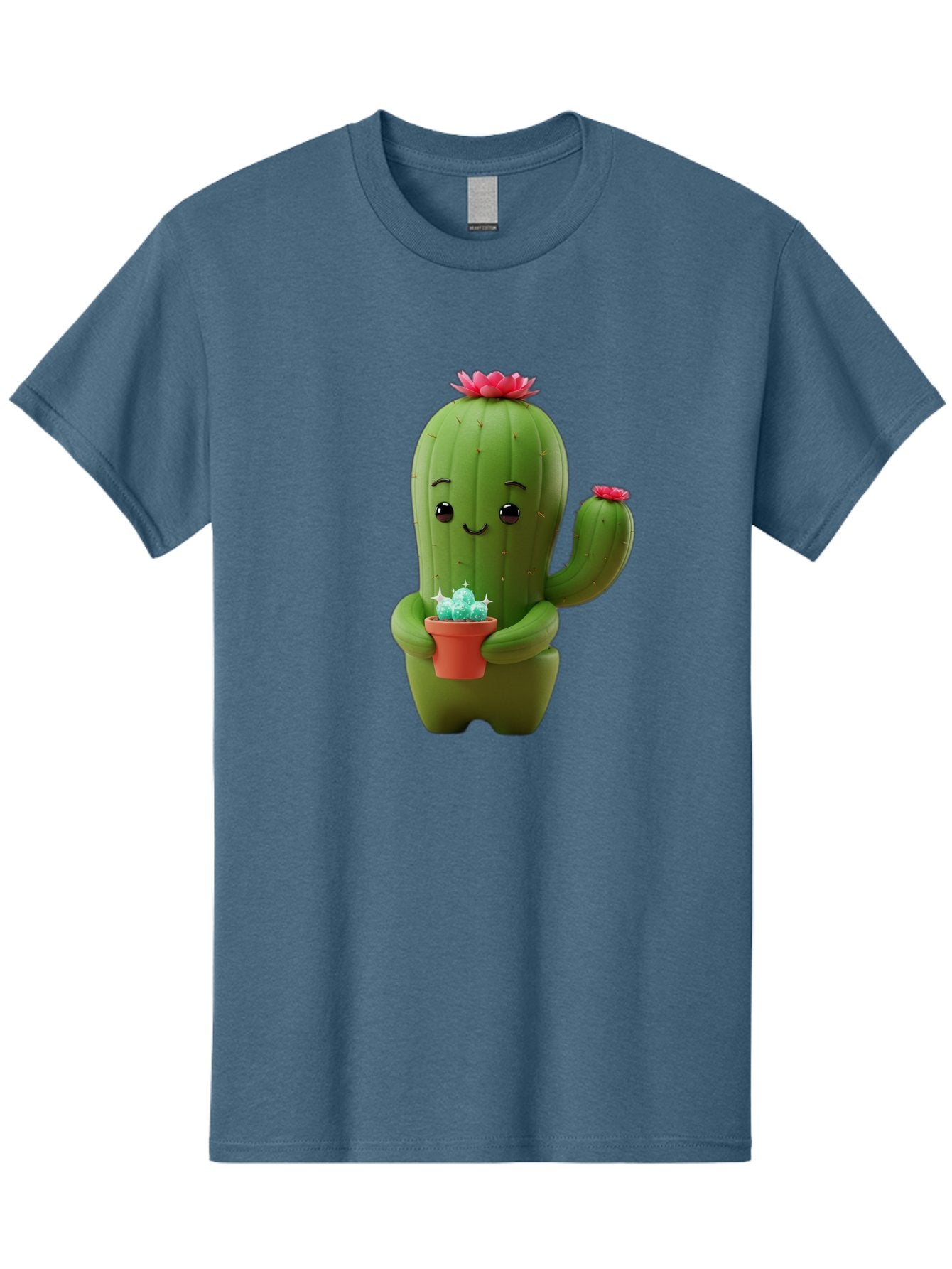 Cactus-Character Men'S Graphic Tee, 100% Cotton, Comfortable Casual Summer Wear, Machine Washable, Cartoon Cactus, Smiling Face, Holding Potted Plant, Cute Character, Green Cactus, Pink Flowers, Quirky Illustration, Fun Design, Playful Art Bac736