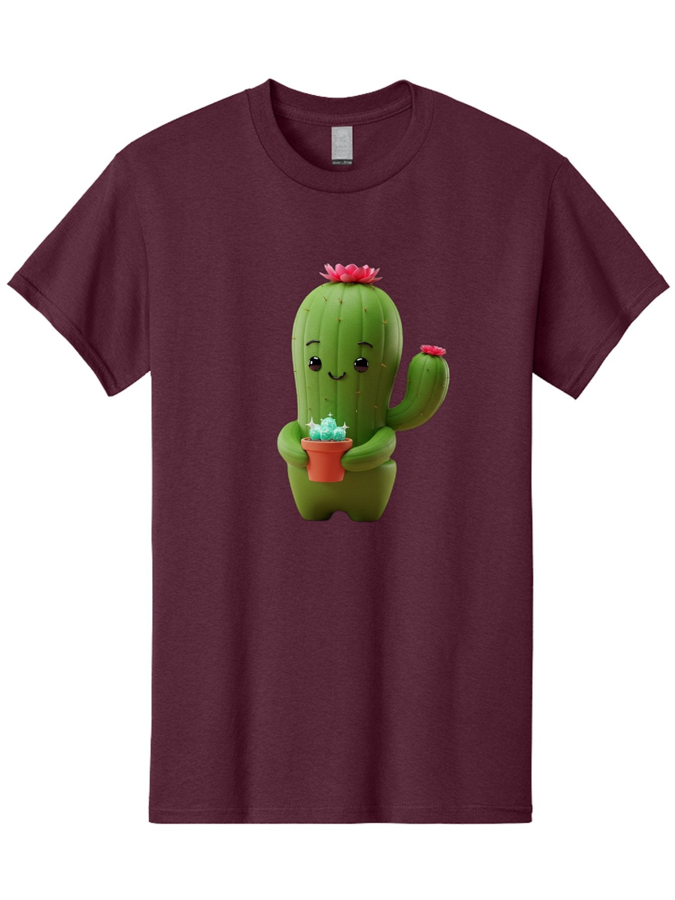 Cactus-Character Men'S Graphic Tee, 100% Cotton, Comfortable Casual Summer Wear, Machine Washable, Cartoon Cactus, Smiling Face, Holding Potted Plant, Cute Character, Green Cactus, Pink Flowers, Quirky Illustration, Fun Design, Playful Art Bac736 12