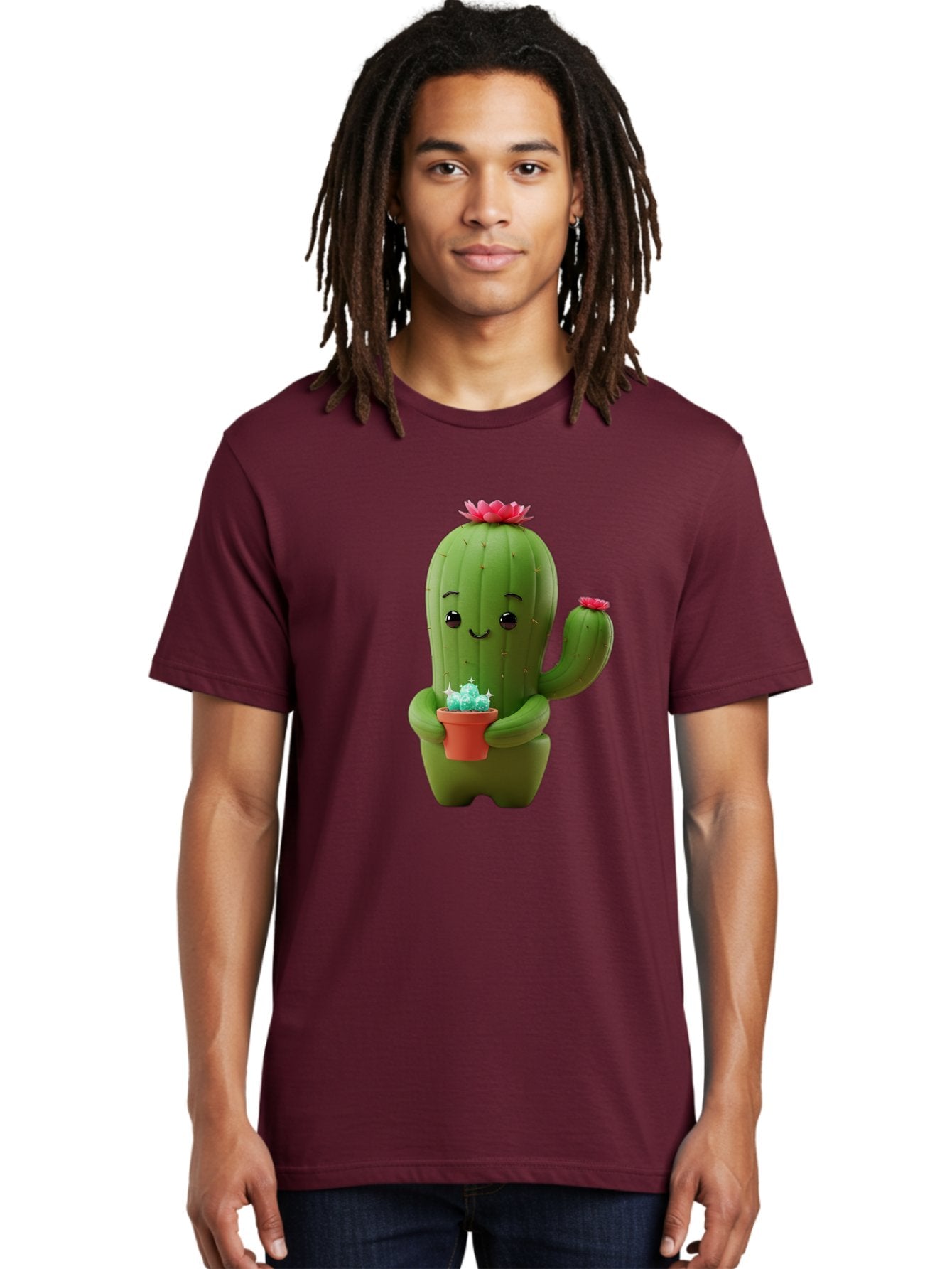 Cactus-Character Men'S Graphic Tee, 100% Cotton, Comfortable Casual Summer Wear, Machine Washable, Cartoon Cactus, Smiling Face, Holding Potted Plant, Cute Character, Green Cactus, Pink Flowers, Quirky Illustration, Fun Design, Playful Art Bac736 28