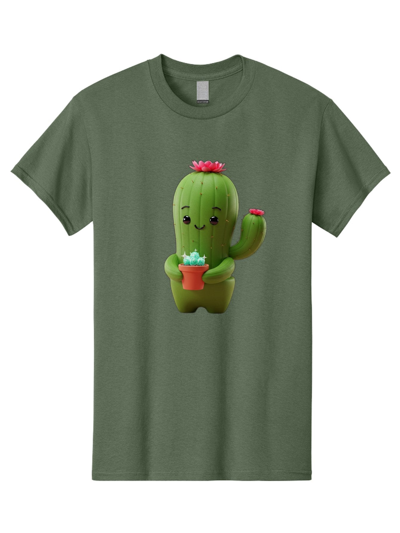 Cactus-Character Men'S Graphic Tee, 100% Cotton, Comfortable Casual Summer Wear, Machine Washable, Cartoon Cactus, Smiling Face, Holding Potted Plant, Cute Character, Green Cactus, Pink Flowers, Quirky Illustration, Fun Design, Playful Art Bac736 13