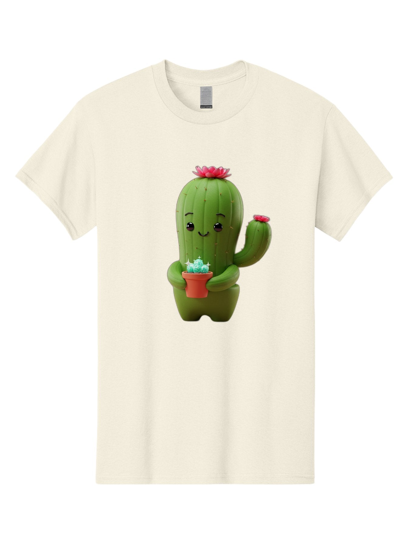 Cactus-Character Men'S Graphic Tee, 100% Cotton, Comfortable Casual Summer Wear, Machine Washable, Cartoon Cactus, Smiling Face, Holding Potted Plant, Cute Character, Green Cactus, Pink Flowers, Quirky Illustration, Fun Design, Playful Art Bac736 6