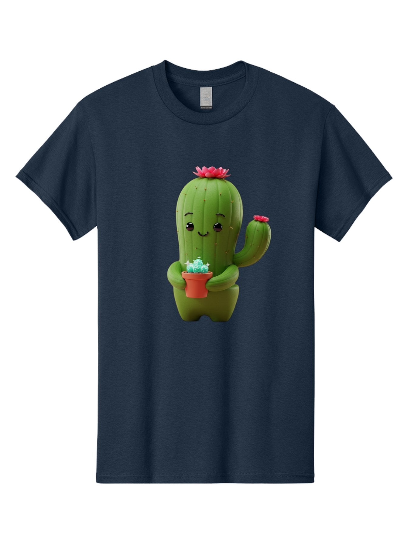 Cactus-Character Men'S Graphic Tee, 100% Cotton, Comfortable Casual Summer Wear, Machine Washable, Cartoon Cactus, Smiling Face, Holding Potted Plant, Cute Character, Green Cactus, Pink Flowers, Quirky Illustration, Fun Design, Playful Art Bac736 5