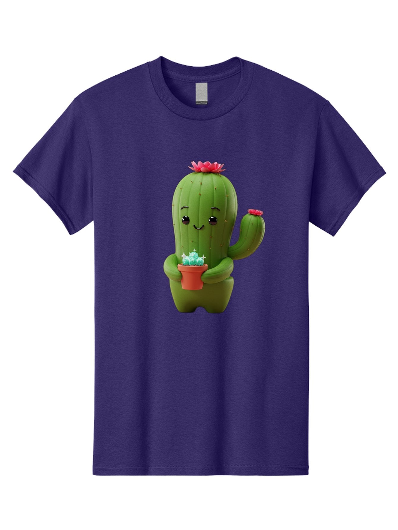 Cactus-Character Men'S Graphic Tee, 100% Cotton, Comfortable Casual Summer Wear, Machine Washable, Cartoon Cactus, Smiling Face, Holding Potted Plant, Cute Character, Green Cactus, Pink Flowers, Quirky Illustration, Fun Design, Playful Art Bac736 9