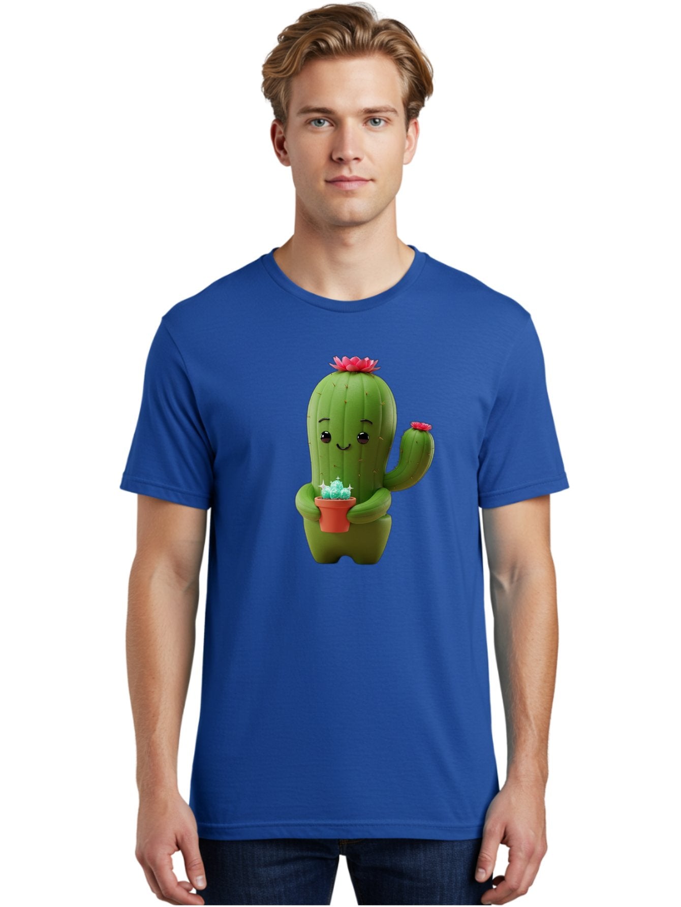 Cactus-Character Men'S Graphic Tee, 100% Cotton, Comfortable Casual Summer Wear, Machine Washable, Cartoon Cactus, Smiling Face, Holding Potted Plant, Cute Character, Green Cactus, Pink Flowers, Quirky Illustration, Fun Design, Playful Art Bac736 17