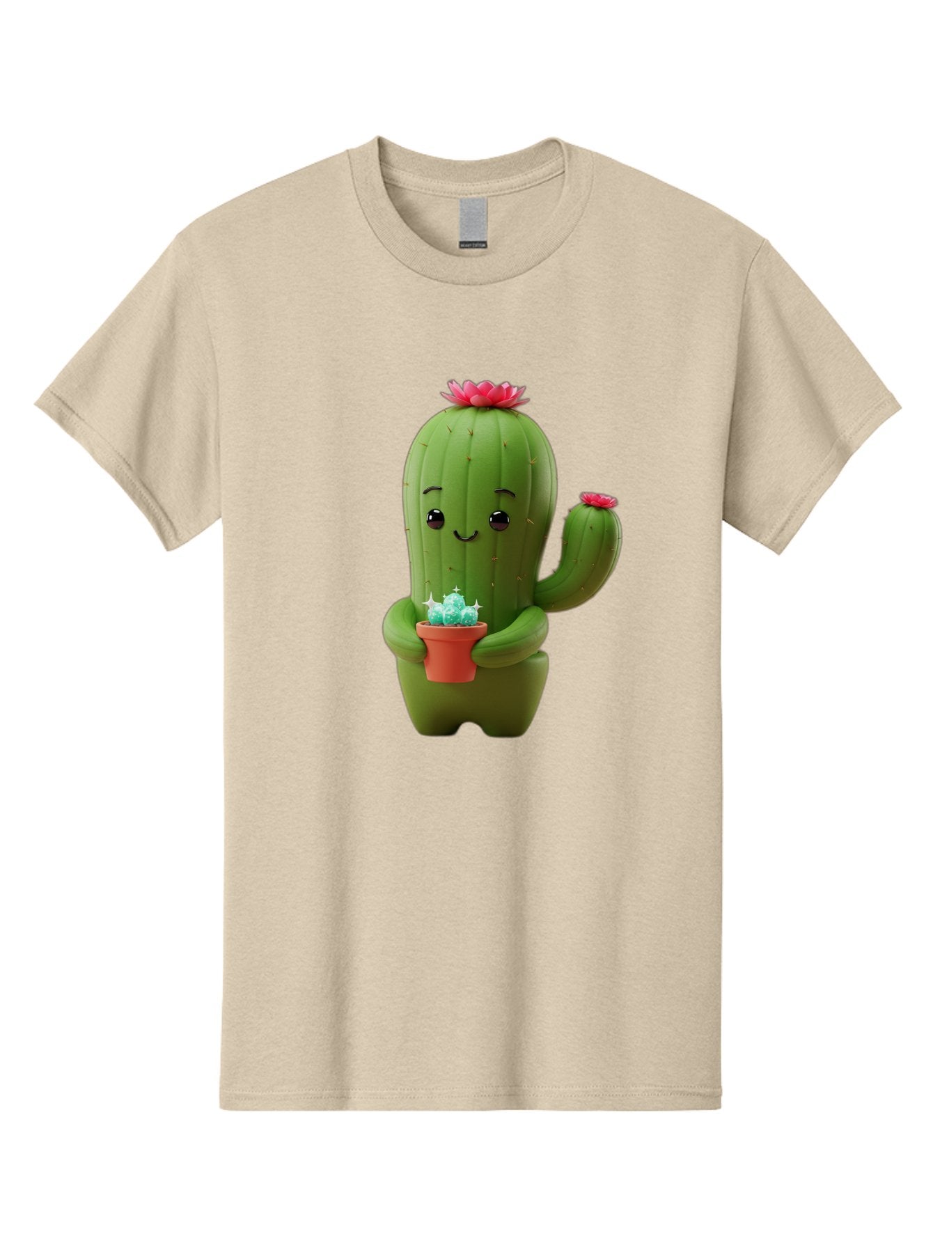 Cactus-Character Men'S Graphic Tee, 100% Cotton, Comfortable Casual Summer Wear, Machine Washable, Cartoon Cactus, Smiling Face, Holding Potted Plant, Cute Character, Green Cactus, Pink Flowers, Quirky Illustration, Fun Design, Playful Art Bac736 3