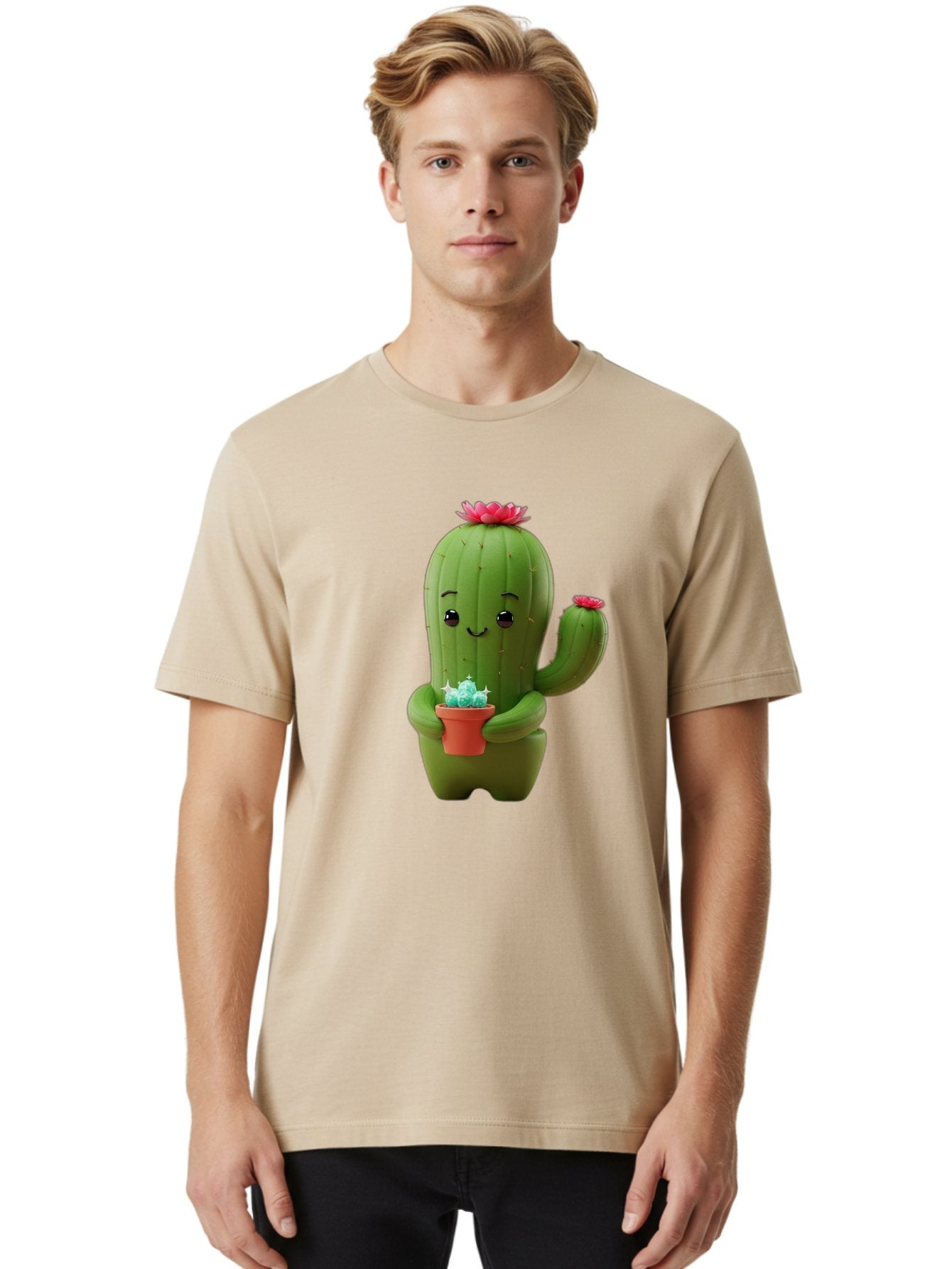 Cactus-Character Men'S Graphic Tee, 100% Cotton, Comfortable Casual Summer Wear, Machine Washable, Cartoon Cactus, Smiling Face, Holding Potted Plant, Cute Character, Green Cactus, Pink Flowers, Quirky Illustration, Fun Design, Playful Art Bac736 22