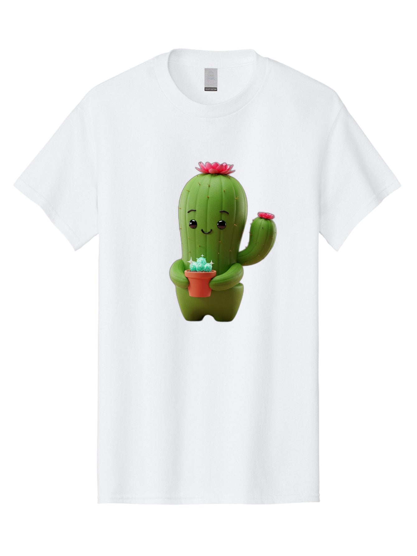 Cactus-Character Men'S Graphic Tee, 100% Cotton, Comfortable Casual Summer Wear, Machine Washable, Cartoon Cactus, Smiling Face, Holding Potted Plant, Cute Character, Green Cactus, Pink Flowers, Quirky Illustration, Fun Design, Playful Art Bac736