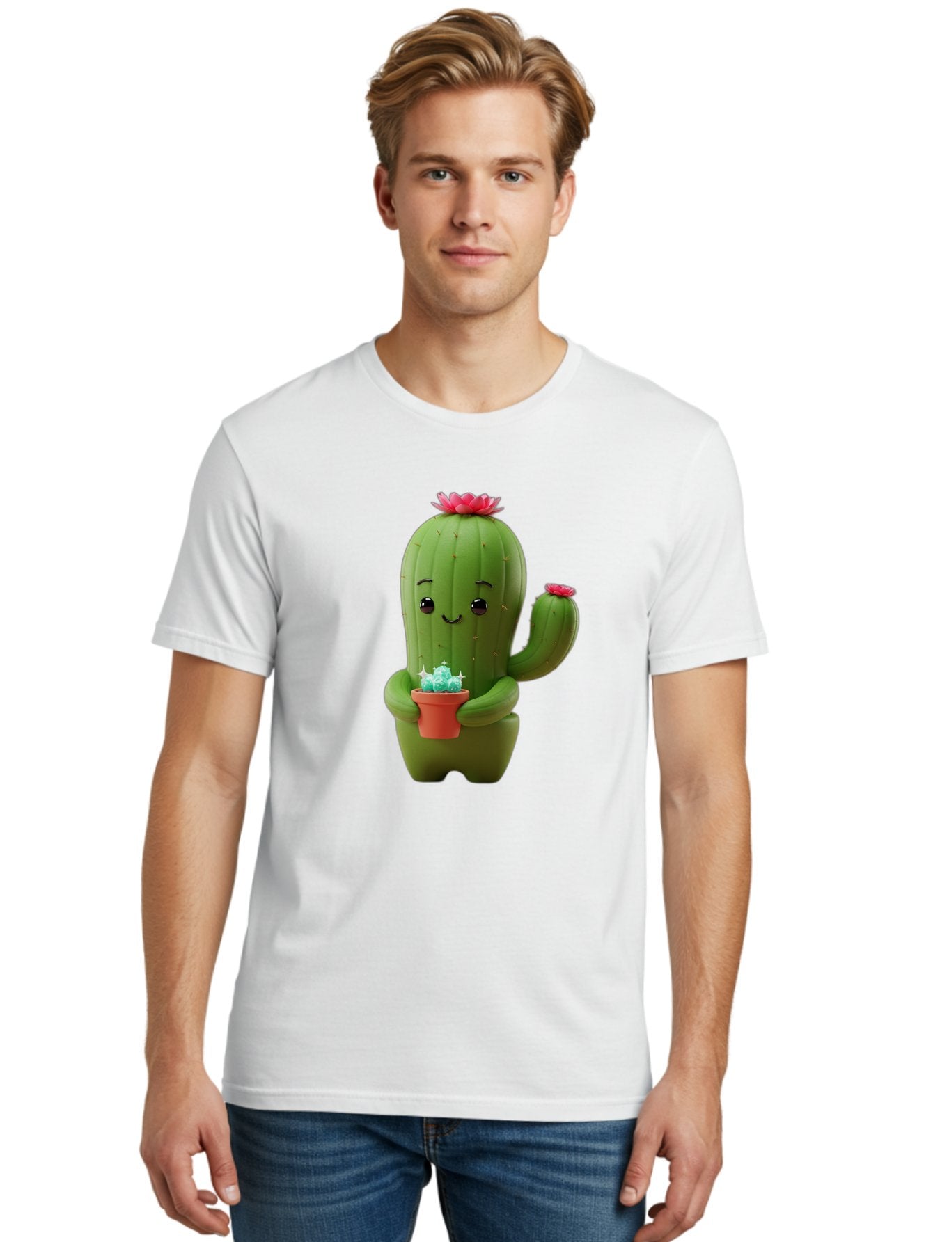 Cactus-Character Men'S Graphic Tee, 100% Cotton, Comfortable Casual Summer Wear, Machine Washable, Cartoon Cactus, Smiling Face, Holding Potted Plant, Cute Character, Green Cactus, Pink Flowers, Quirky Illustration, Fun Design, Playful Art Bac736 21