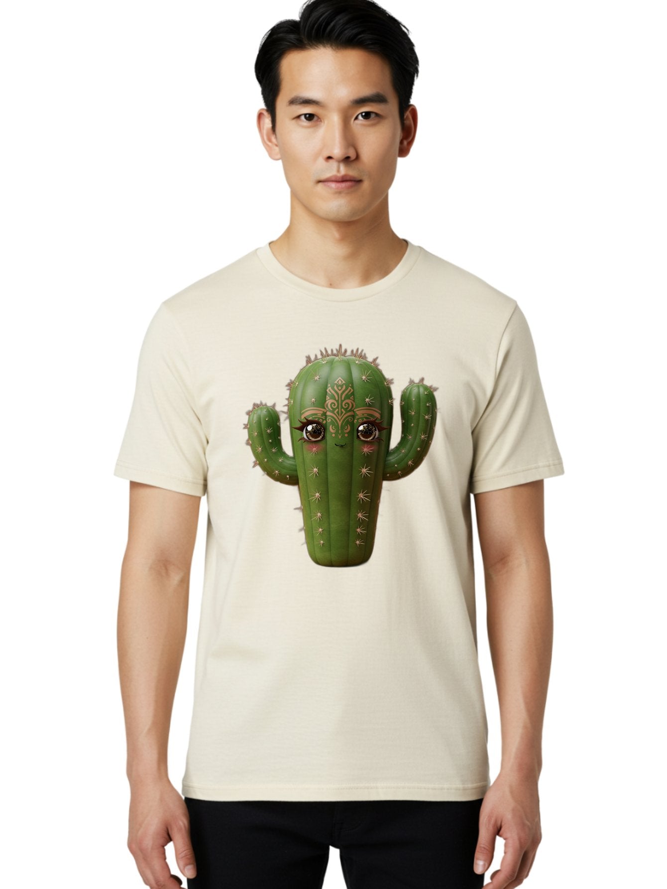 Cactus-Face Men'S Graphic Tee, 100% Cotton, Comfortable Casual Summer Wear, Machine Washable, Cactus Character, Anthropomorphic Cactus, Cartoon Cactus, Cactus With Eyes, Decorative Cactus, Whimsical Design, Floral Patterns, Desert Plant, Bac737 21