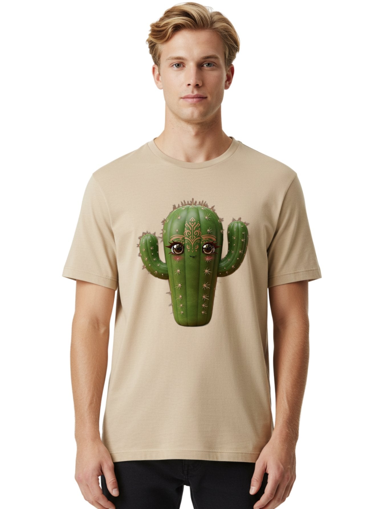 Cactus-Face Men'S Graphic Tee, 100% Cotton, Comfortable Casual Summer Wear, Machine Washable, Cactus Character, Anthropomorphic Cactus, Cartoon Cactus, Cactus With Eyes, Decorative Cactus, Whimsical Design, Floral Patterns, Desert Plant, Bac737 22