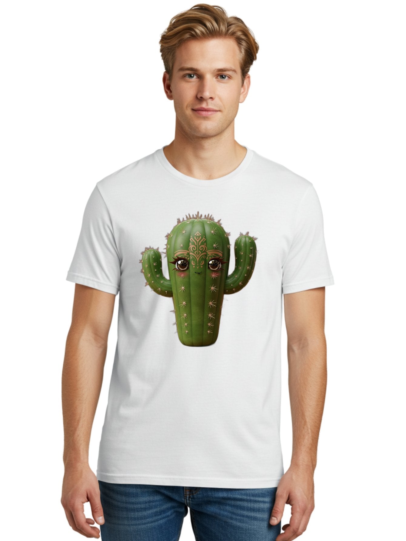 Cactus-Face Men'S Graphic Tee, 100% Cotton, Comfortable Casual Summer Wear, Machine Washable, Cactus Character, Anthropomorphic Cactus, Cartoon Cactus, Cactus With Eyes, Decorative Cactus, Whimsical Design, Floral Patterns, Desert Plant, Bac737 23