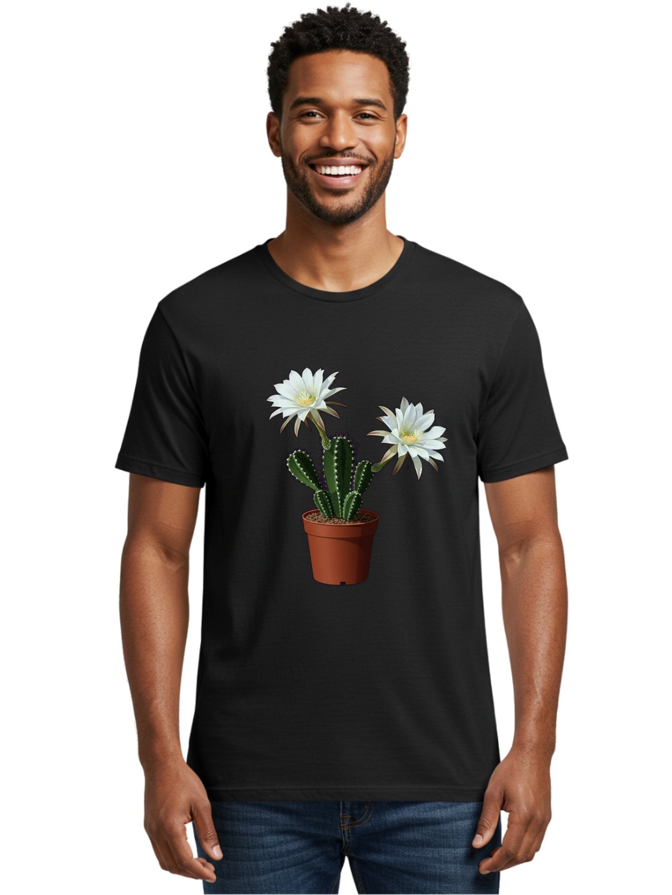 Cactus-Flowers-1 Men'S Graphic Tee, 100% Cotton, Comfortable Casual Summer Wear, Machine Washable, White Cactus Flowers, Cactus In Terracotta Pot, Desert Flora, Succulent Plants, Flowering Cacti, Indoor Plants, Potted Cactus, Blooming Cactus Bac738 29