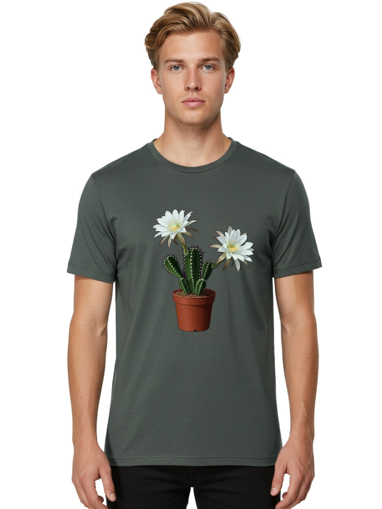 Cactus-Flowers-1 Men'S Graphic Tee, 100% Cotton, Comfortable Casual Summer Wear, Machine Washable, White Cactus Flowers, Cactus In Terracotta Pot, Desert Flora, Succulent Plants, Flowering Cacti, Indoor Plants, Potted Cactus, Blooming Cactus Bac738 21